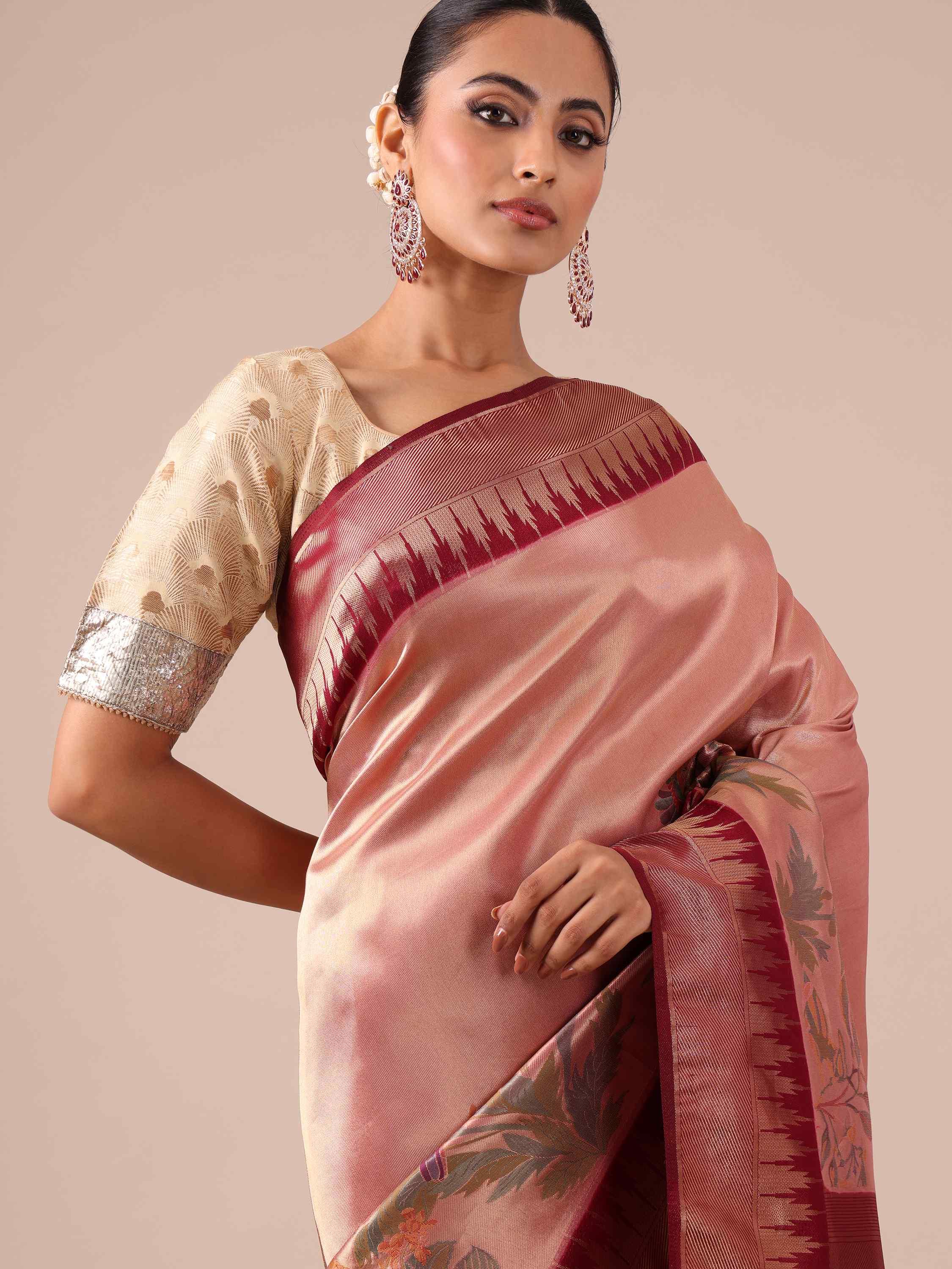 Peach Silk Saree with Maroon Silk Unstitched Blouse - House of Surya