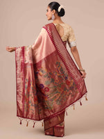 Peach Silk Saree with Maroon Silk Unstitched Blouse - House of Surya