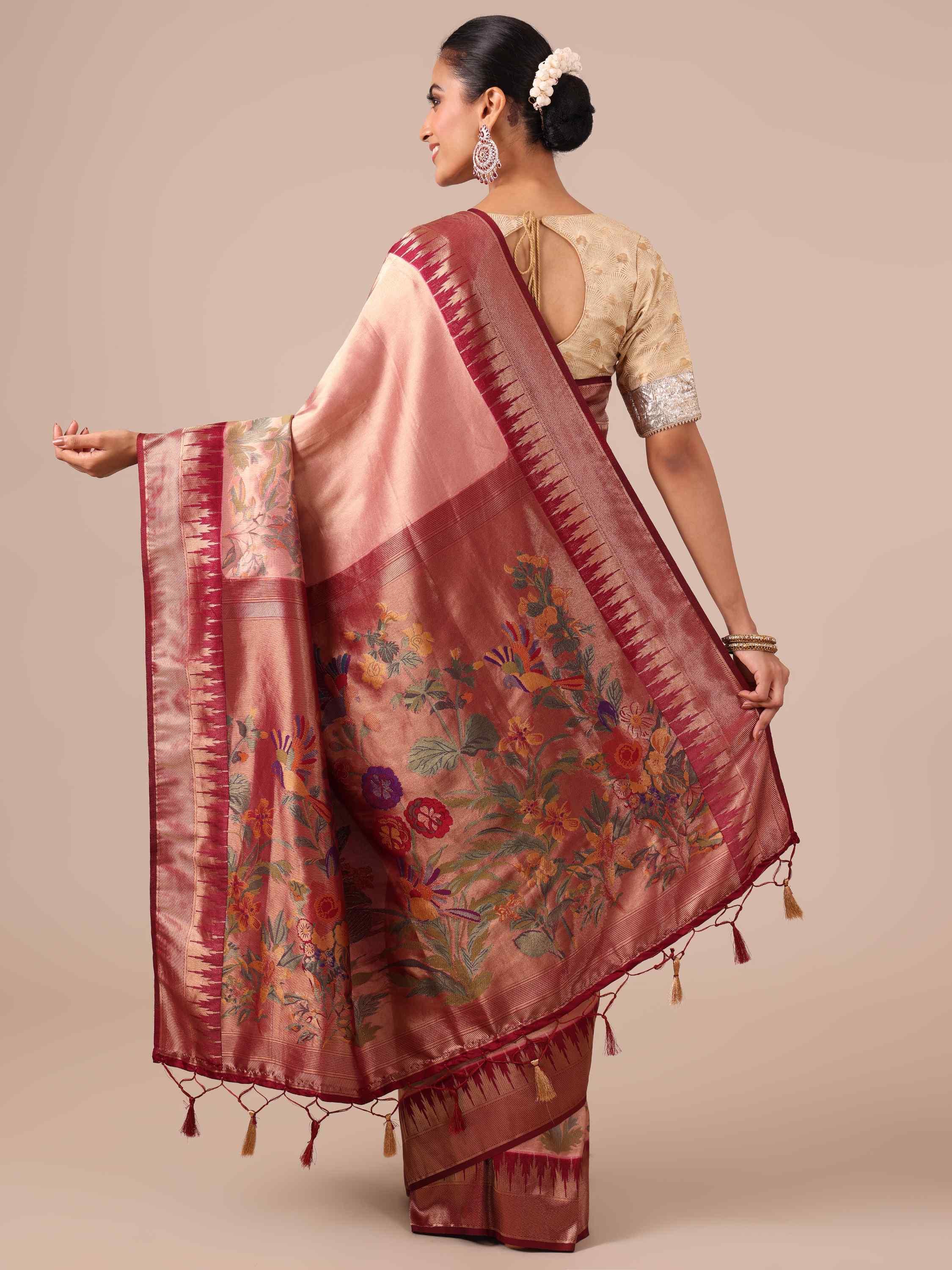 Peach Silk Saree with Maroon Silk Unstitched Blouse - House of Surya