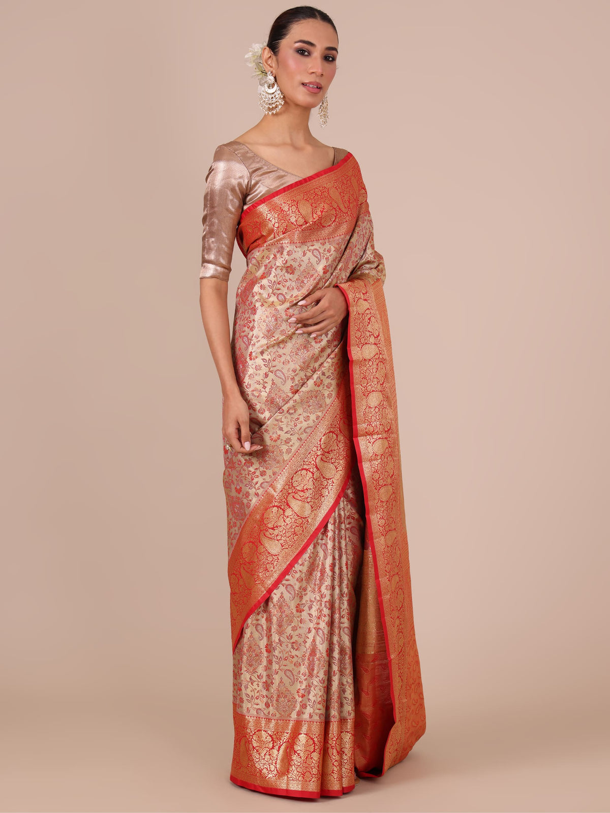 Gold Silk Weaving Saree with Red Unstitched Blouse