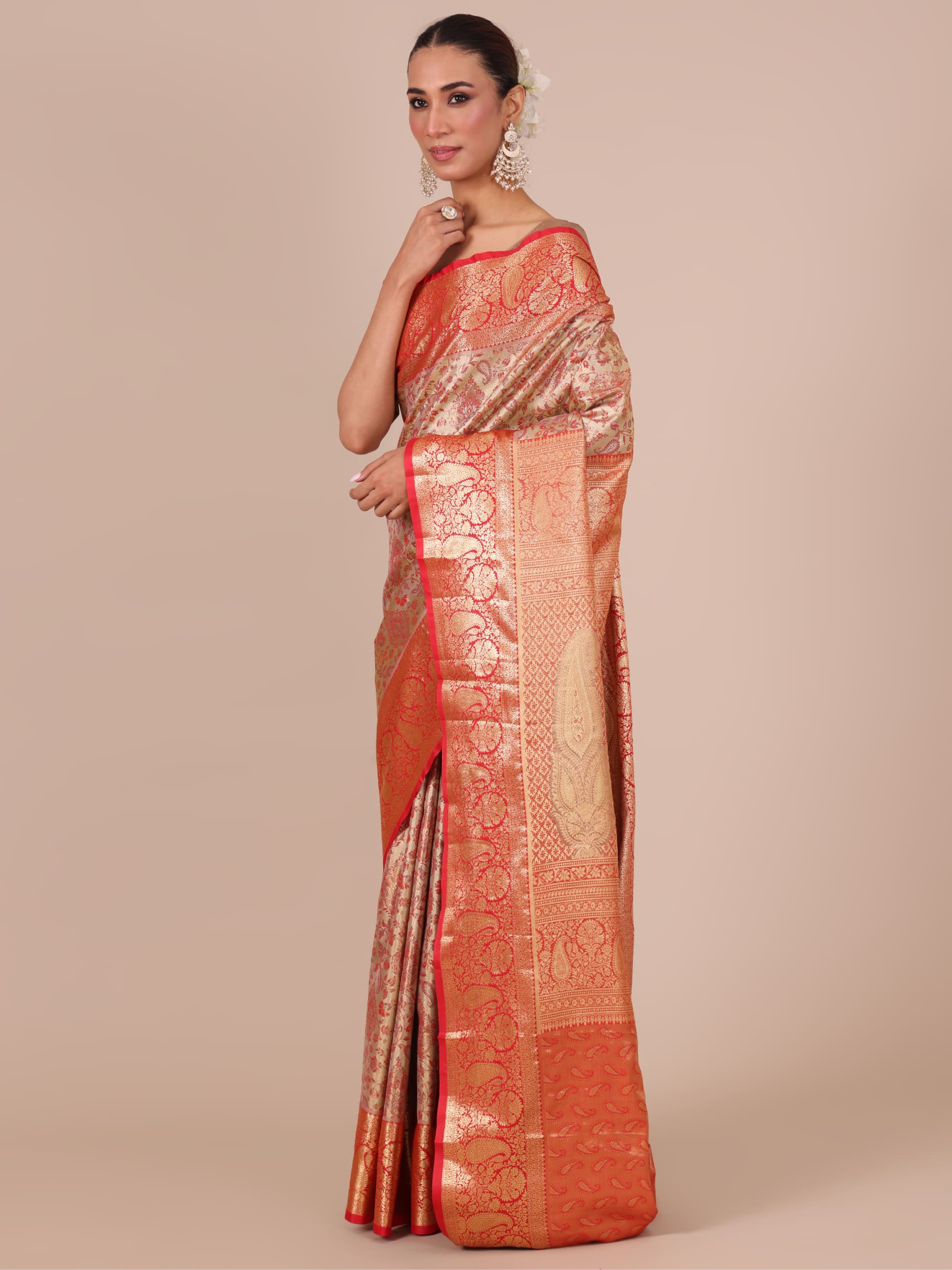 Gold Silk Weaving Saree with Red Unstitched Blouse