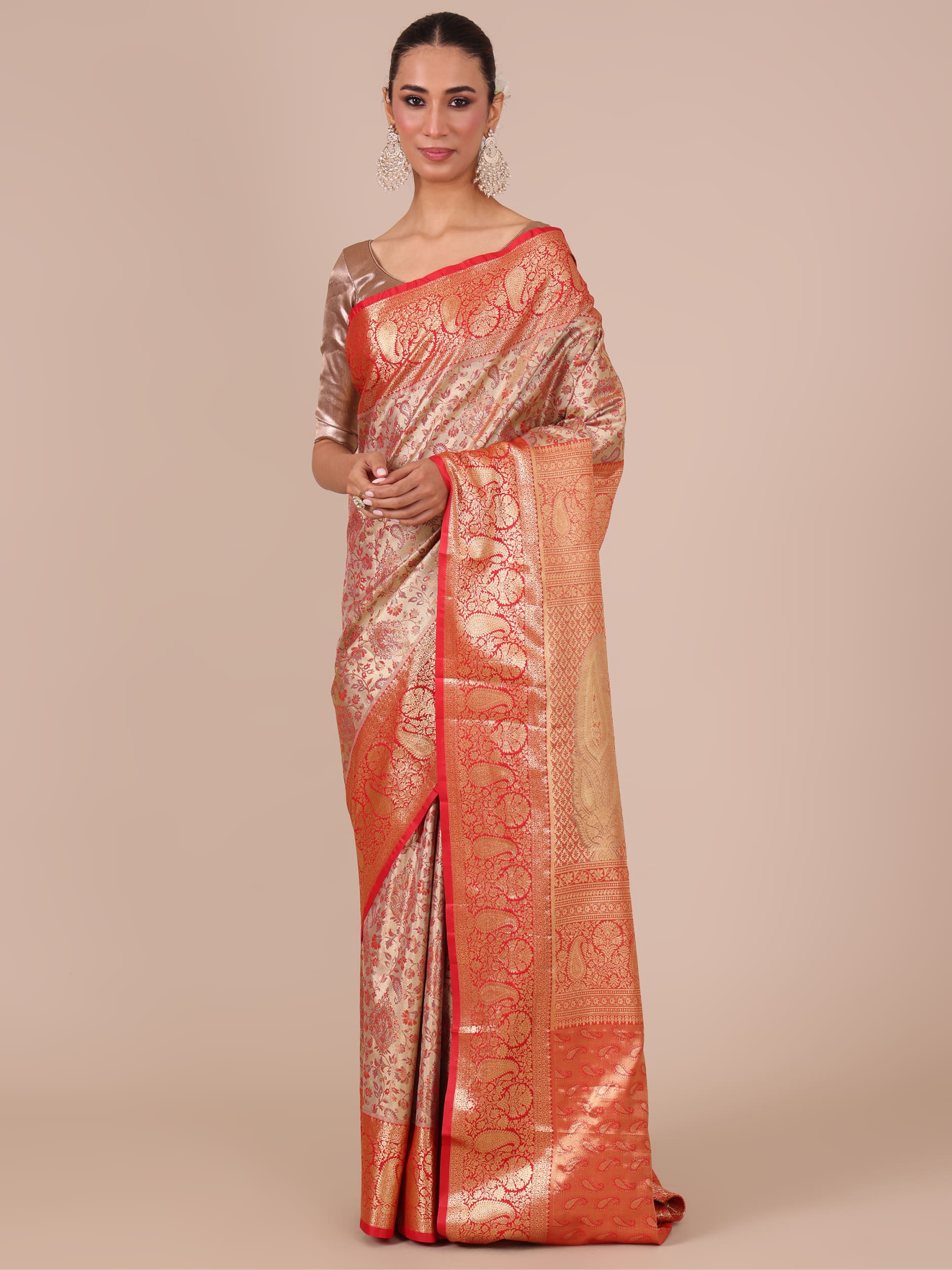 Gold Silk Weaving Saree with Red Unstitched Blouse