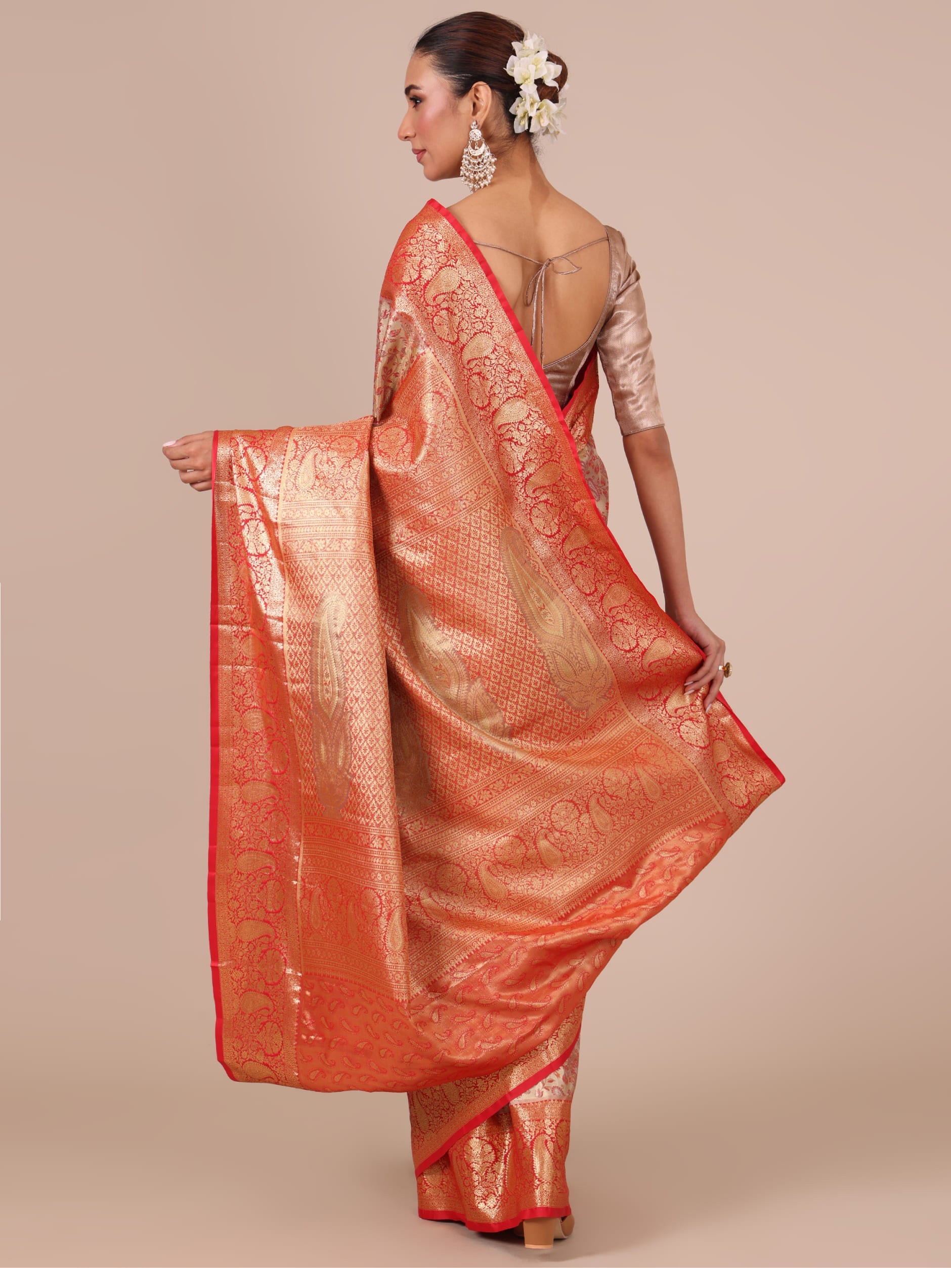Gold Silk Weaving Saree with Red Unstitched Blouse