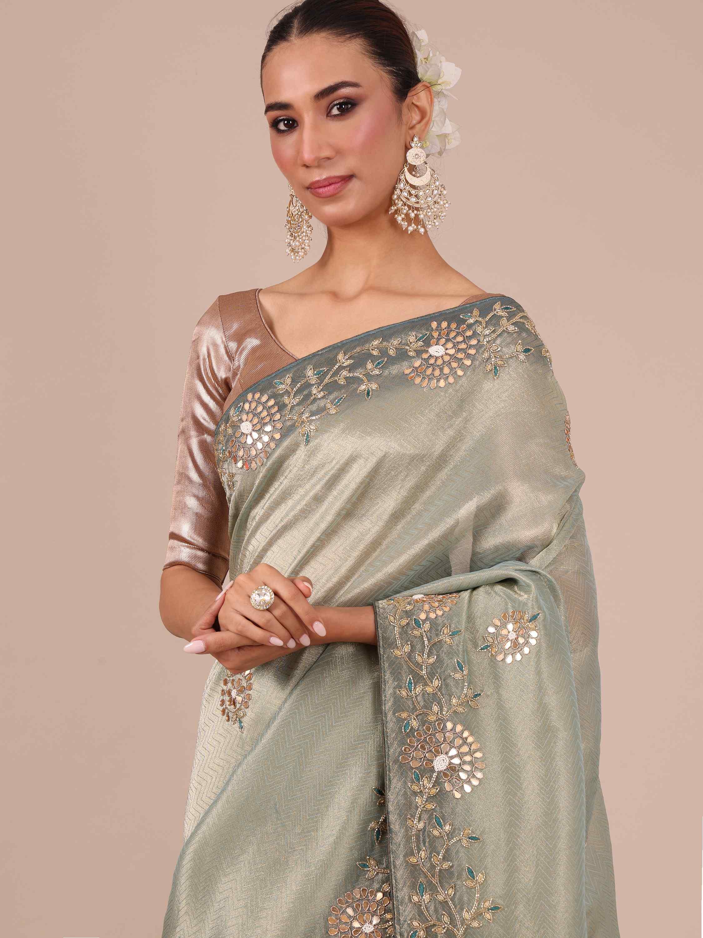 Sea Green Tissue Organza Saree with Unstitched Blouse - House of Surya