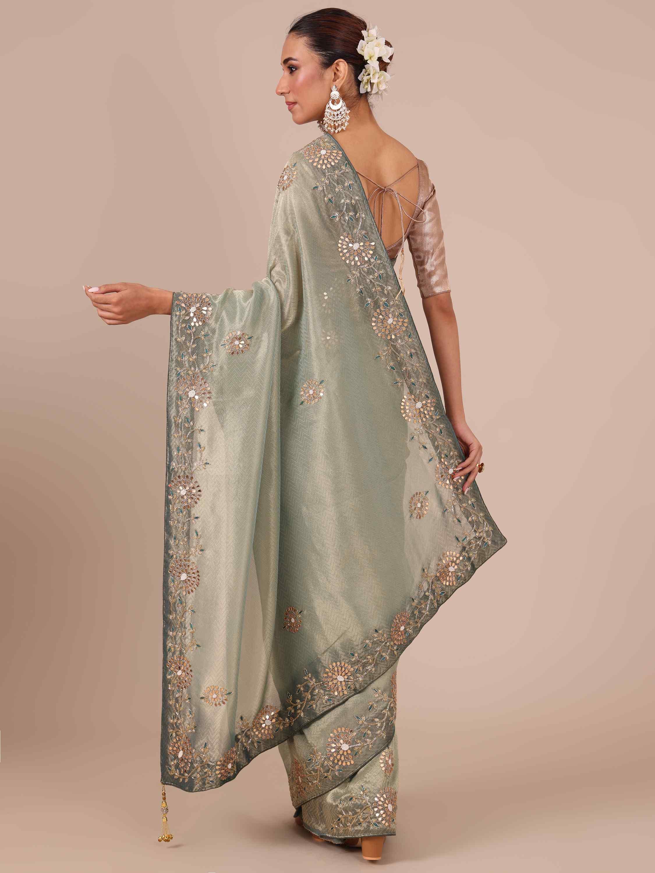 Sea Green Tissue Organza Saree with Unstitched Blouse - House of Surya