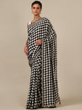 Black & White Dola Silk Saree with Zari Border – Unstitched Black Blouse