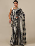 Black & White Dola Silk Saree with Zari Border – Unstitched Black Blouse