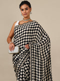 Black & White Dola Silk Saree with Zari Border – Unstitched Black Blouse
