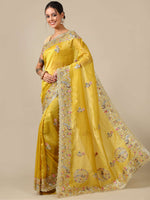 Gota & Sequence Crush Organza Saree - Bottle Green - House of Surya