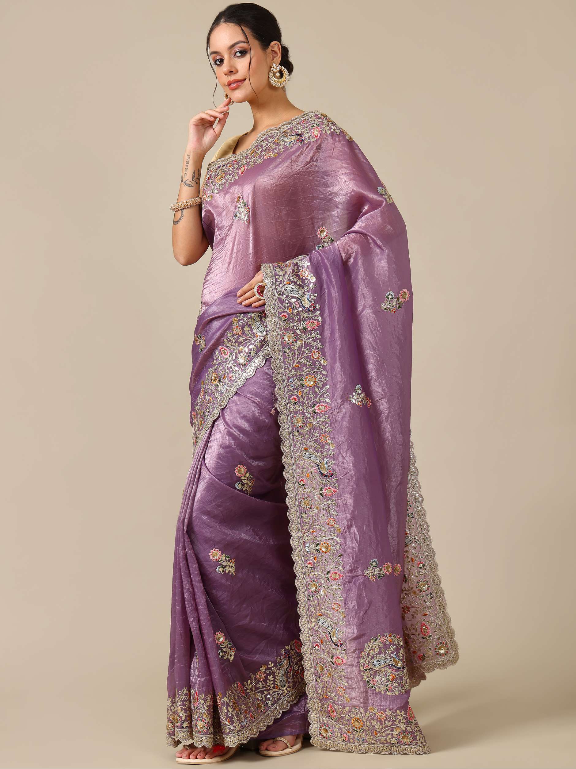 Gotta with Sequence Crush Organza Saree - Wine