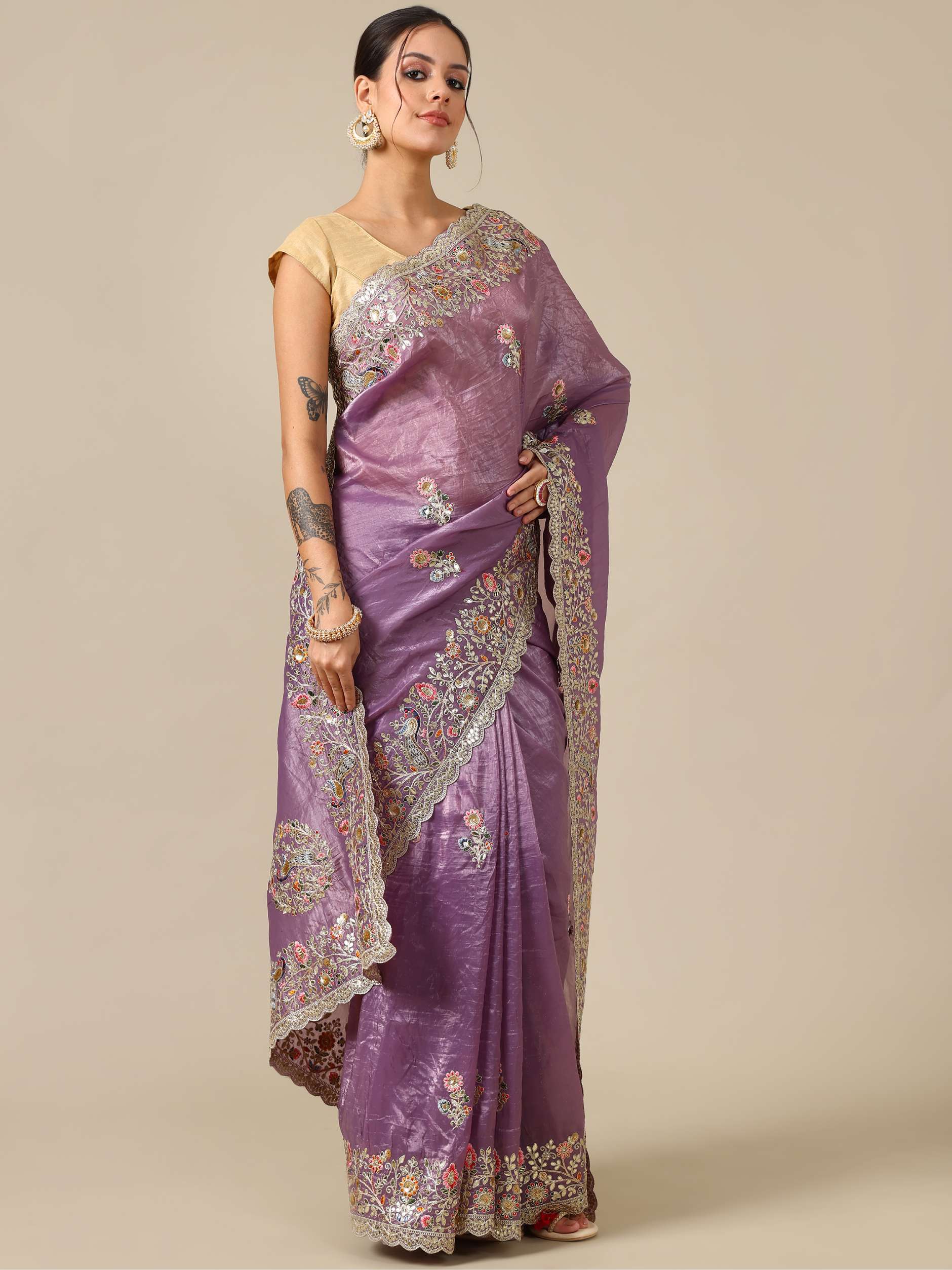 Gotta with Sequence Crush Organza Saree - Wine
