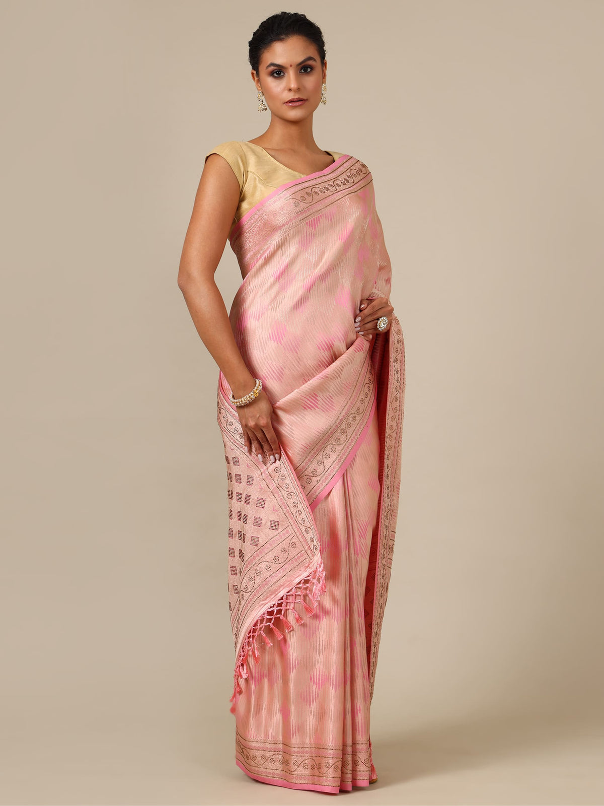 Lavender Satin Silk Saree with Weaving and Siroski Work – Unstitched Blouse