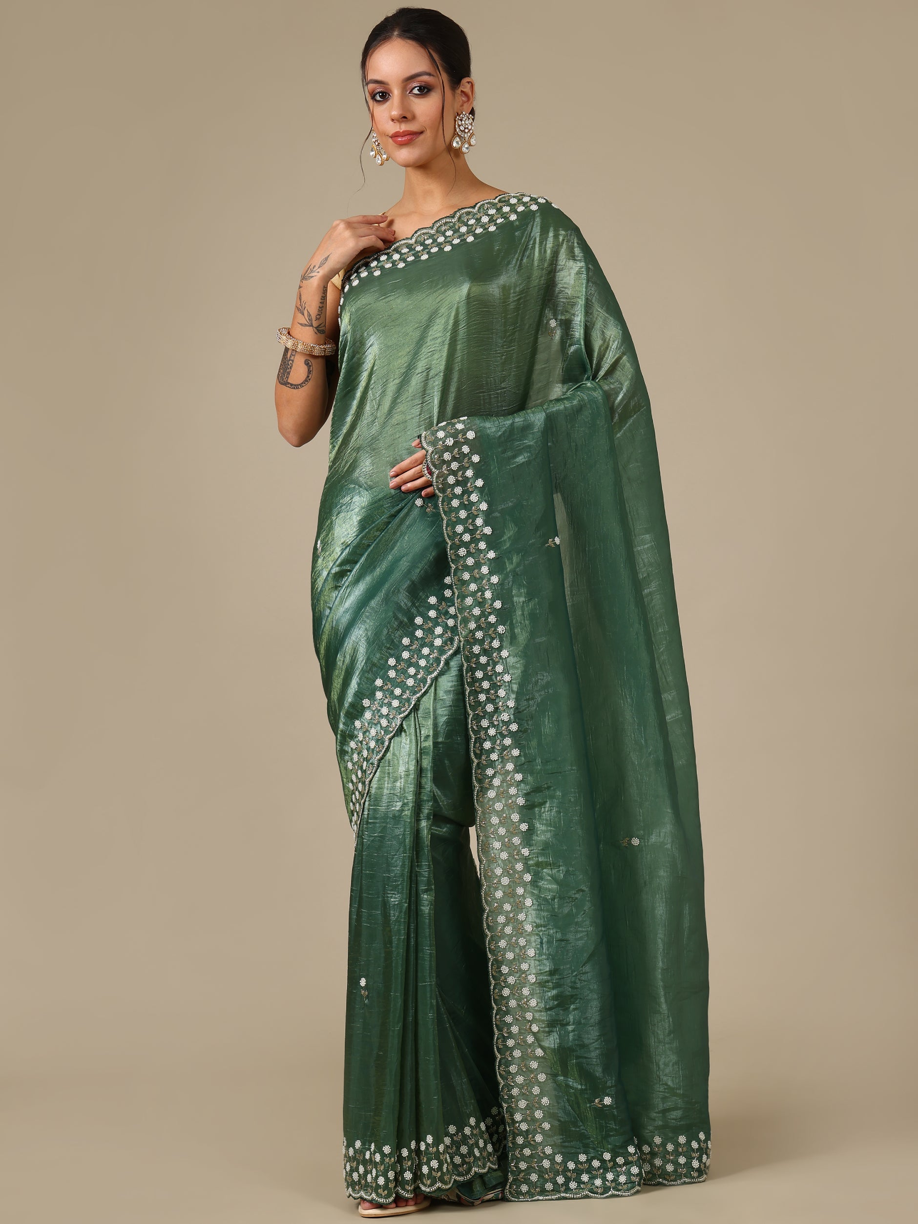Green Crush Organza Saree with Pearl & Bead Work