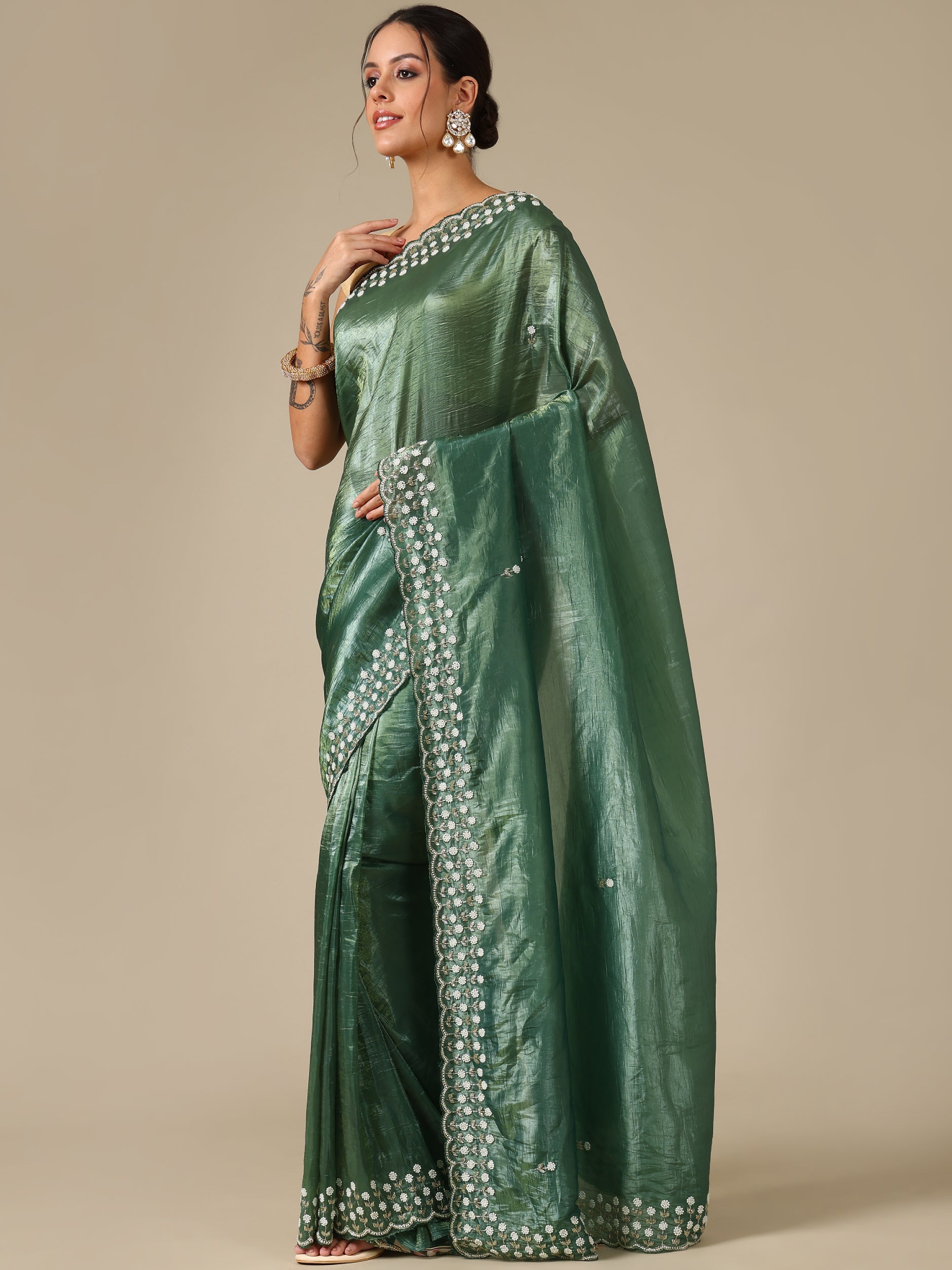 Green Crush Organza Saree with Pearl & Bead Work