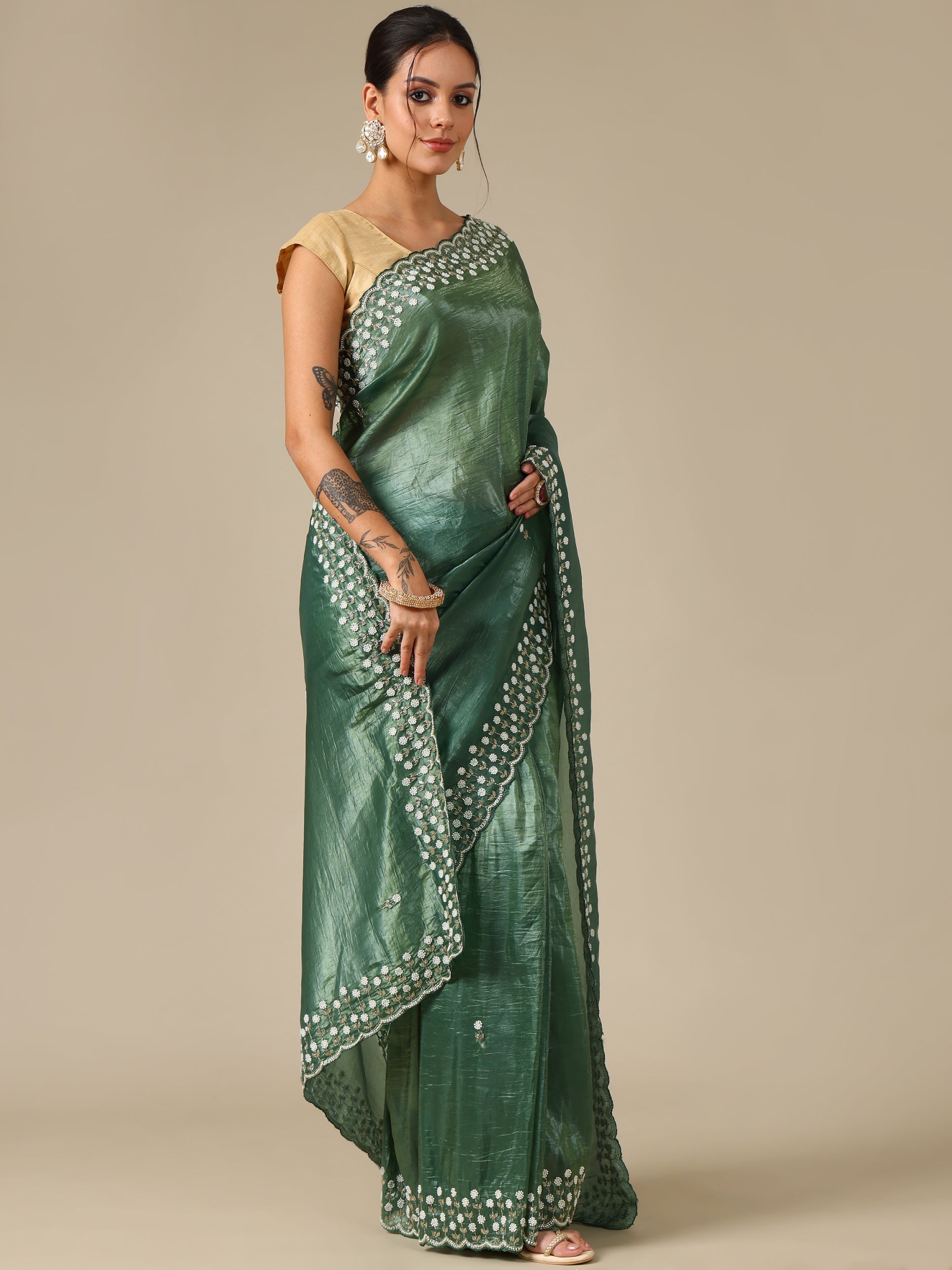 Green Crush Organza Saree with Pearl & Bead Work