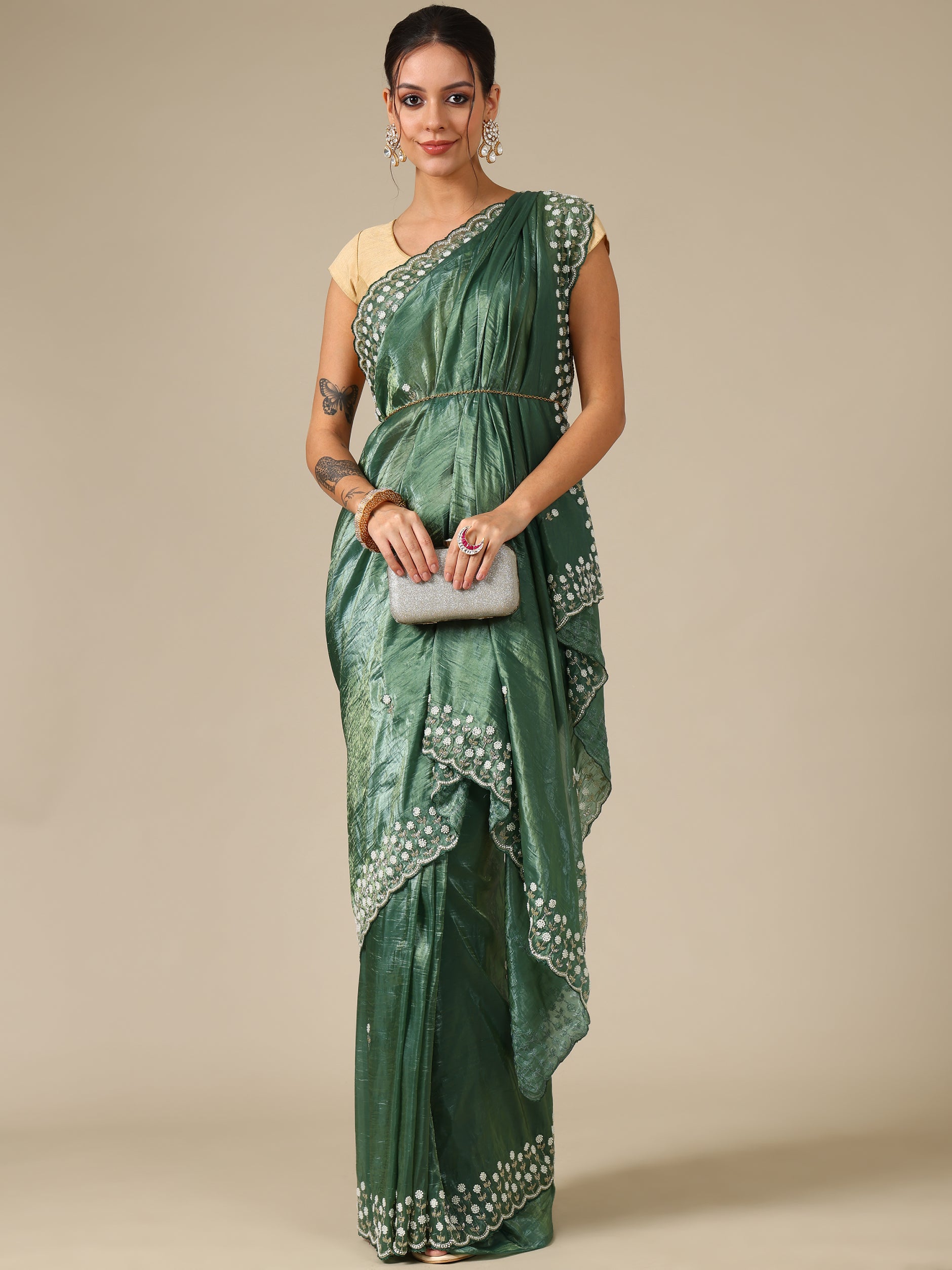 Green Crush Organza Saree with Pearl & Bead Work