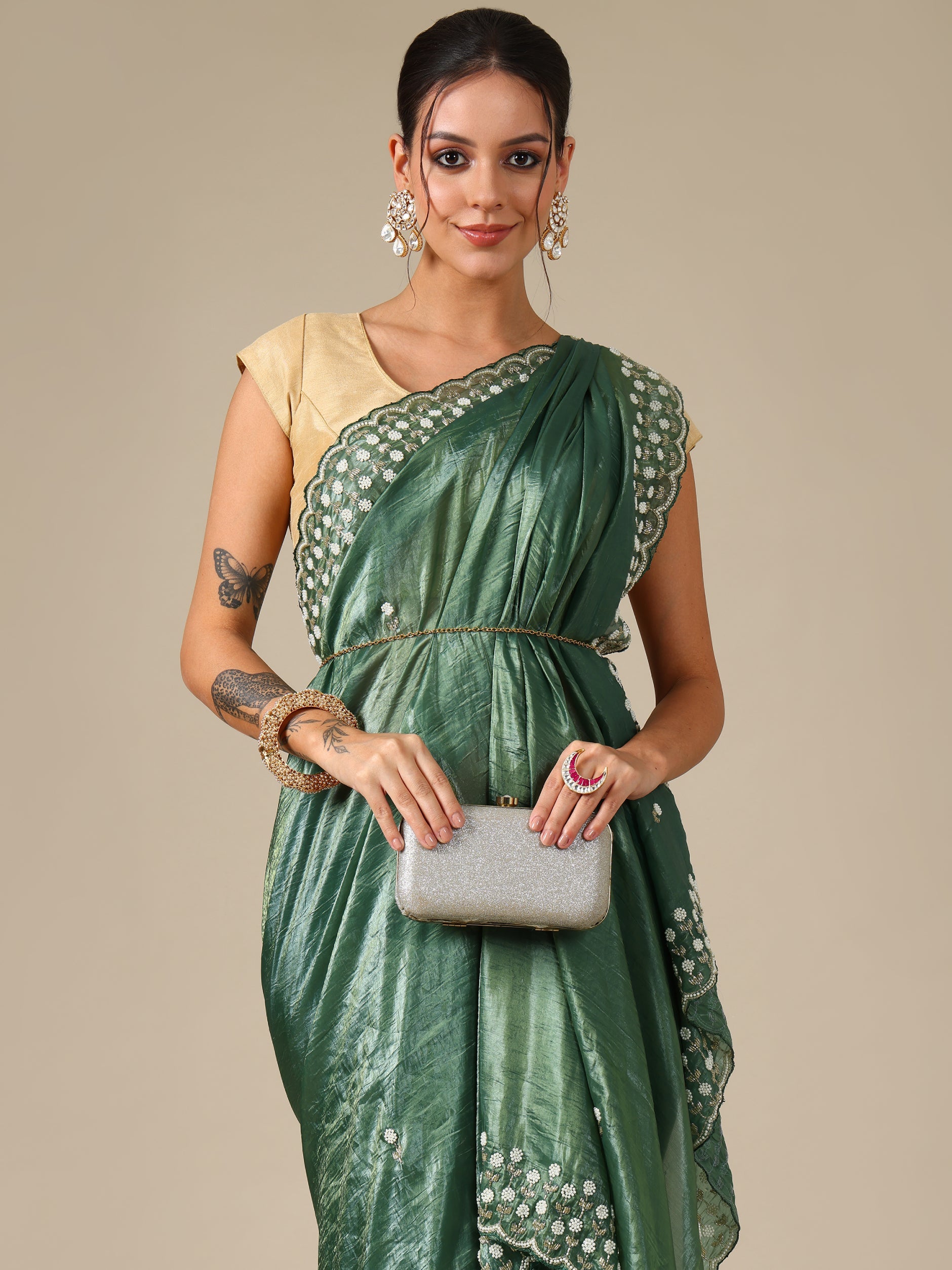 Green Crush Organza Saree with Pearl & Bead Work
