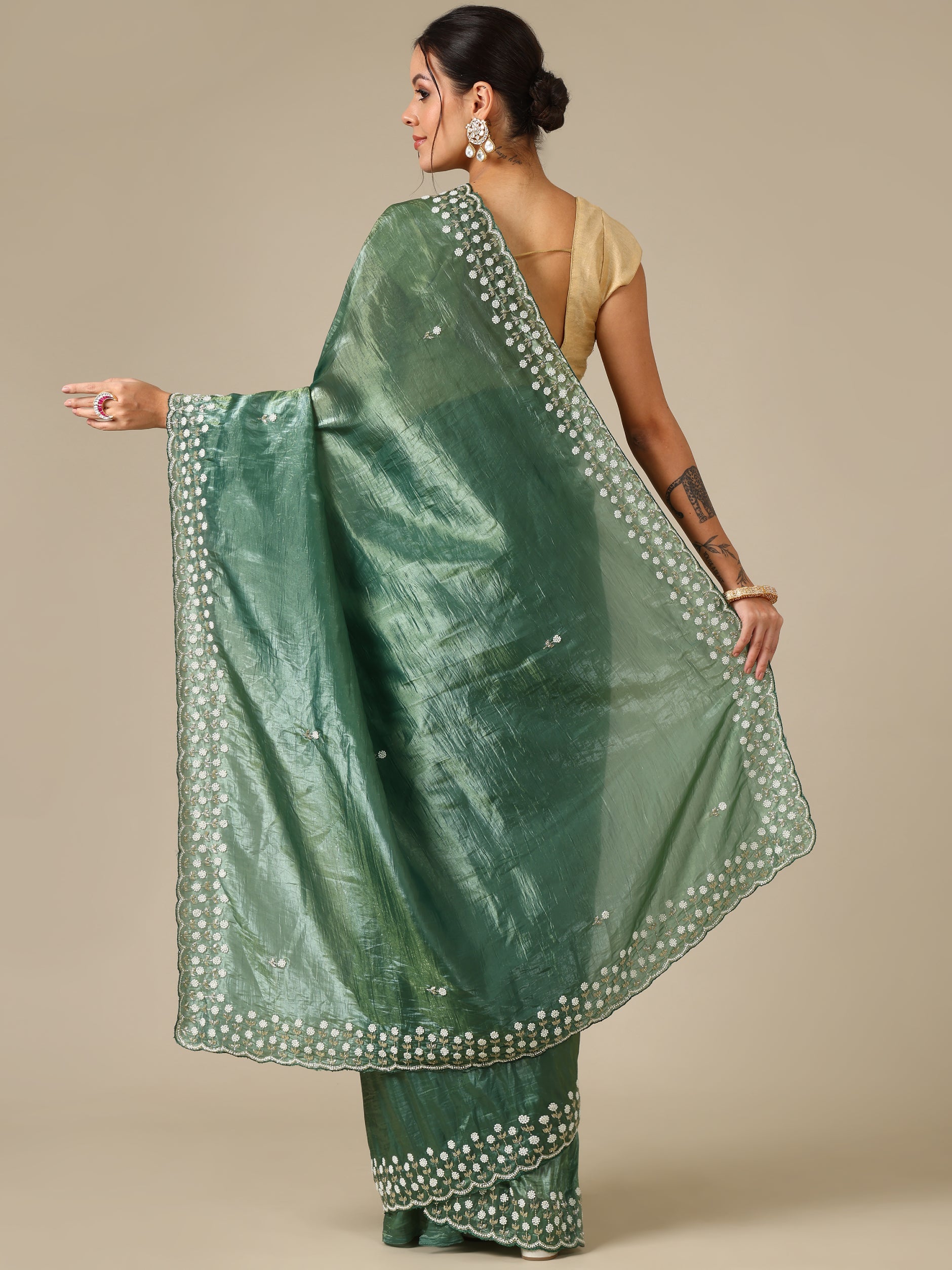 Green Crush Organza Saree with Pearl & Bead Work
