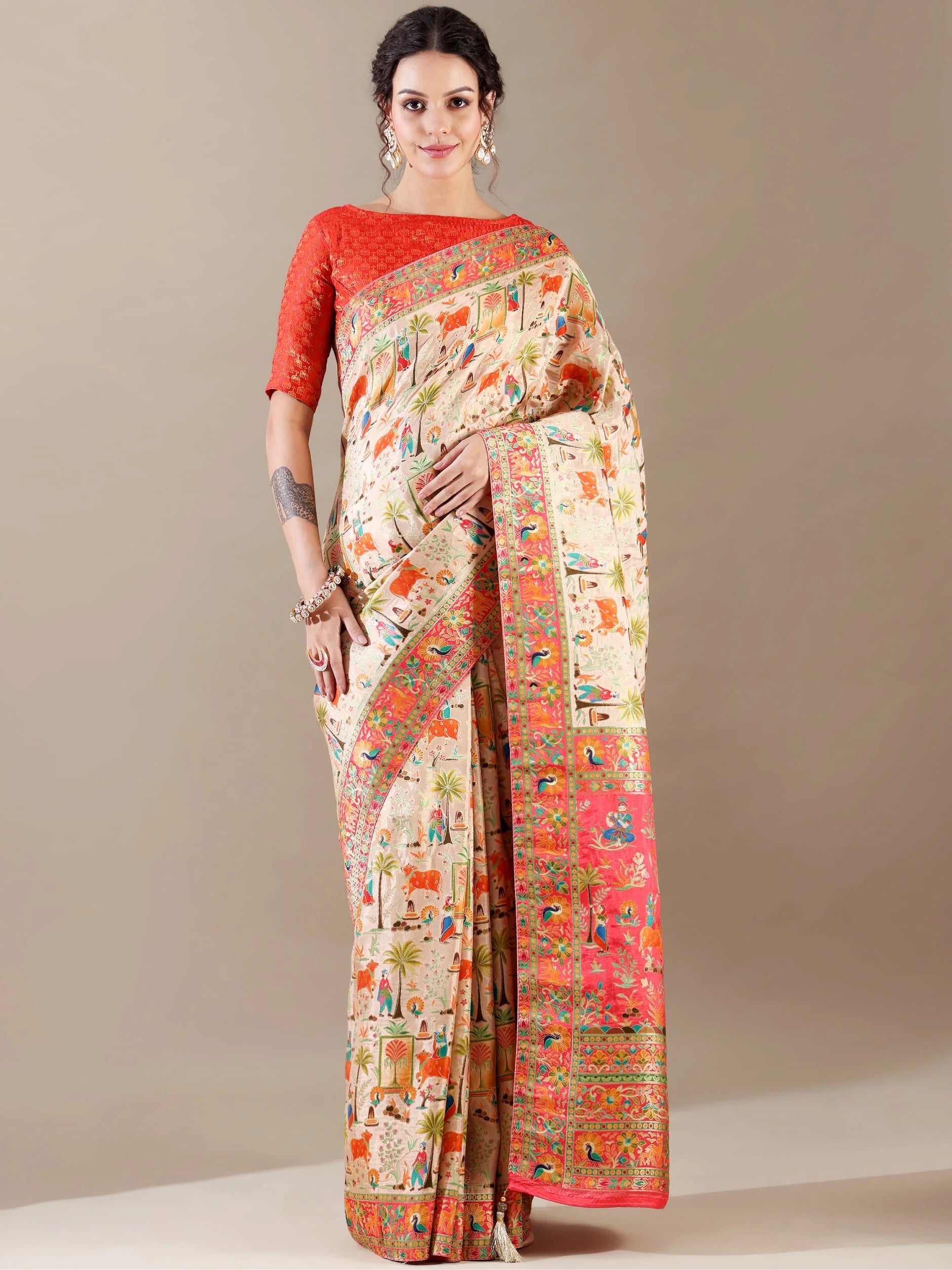 Dola Silk Weave Saree in Ivory and Red - House of Surya