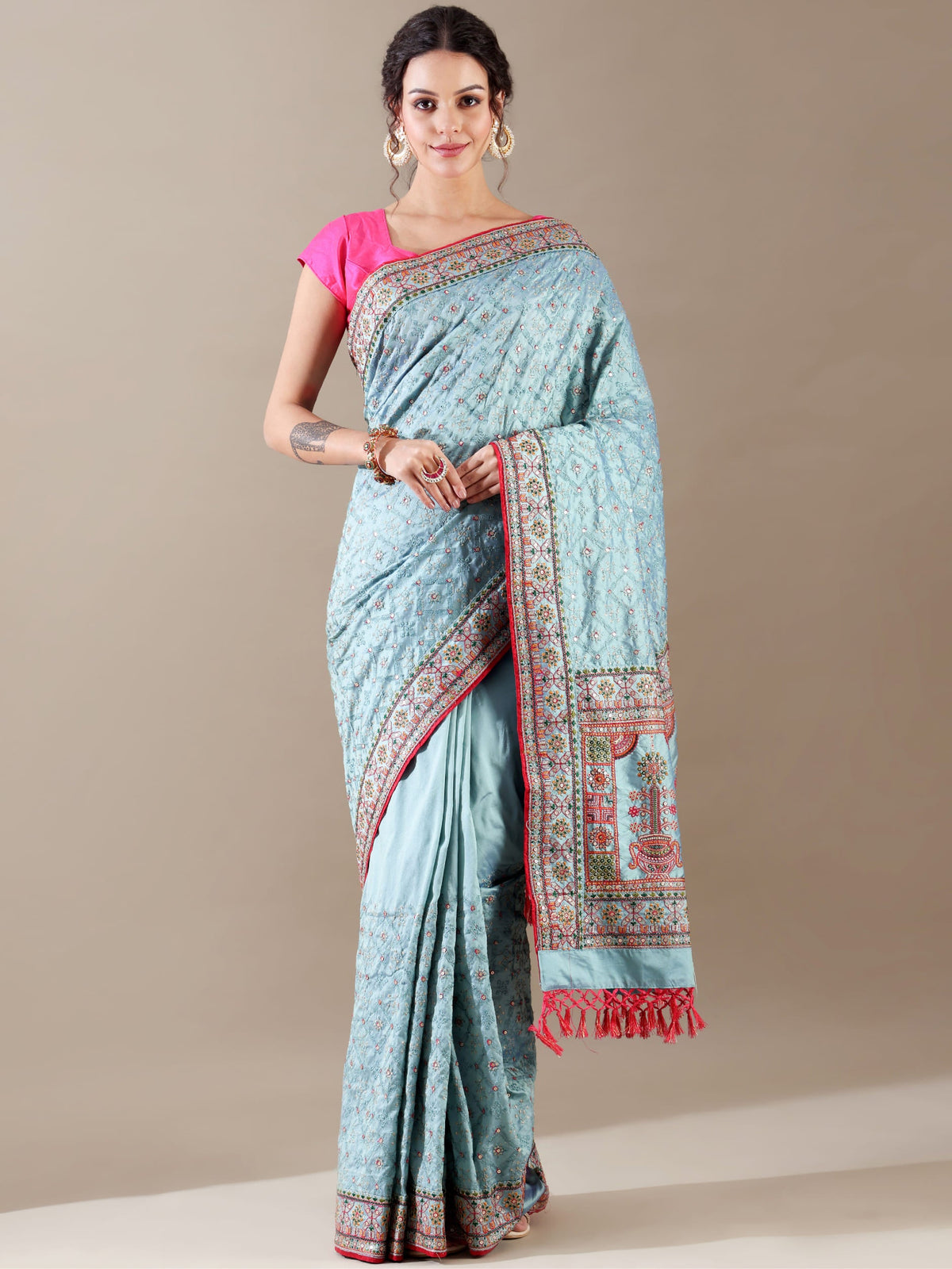 Ivory Red Resham & Sequence Silk Saree