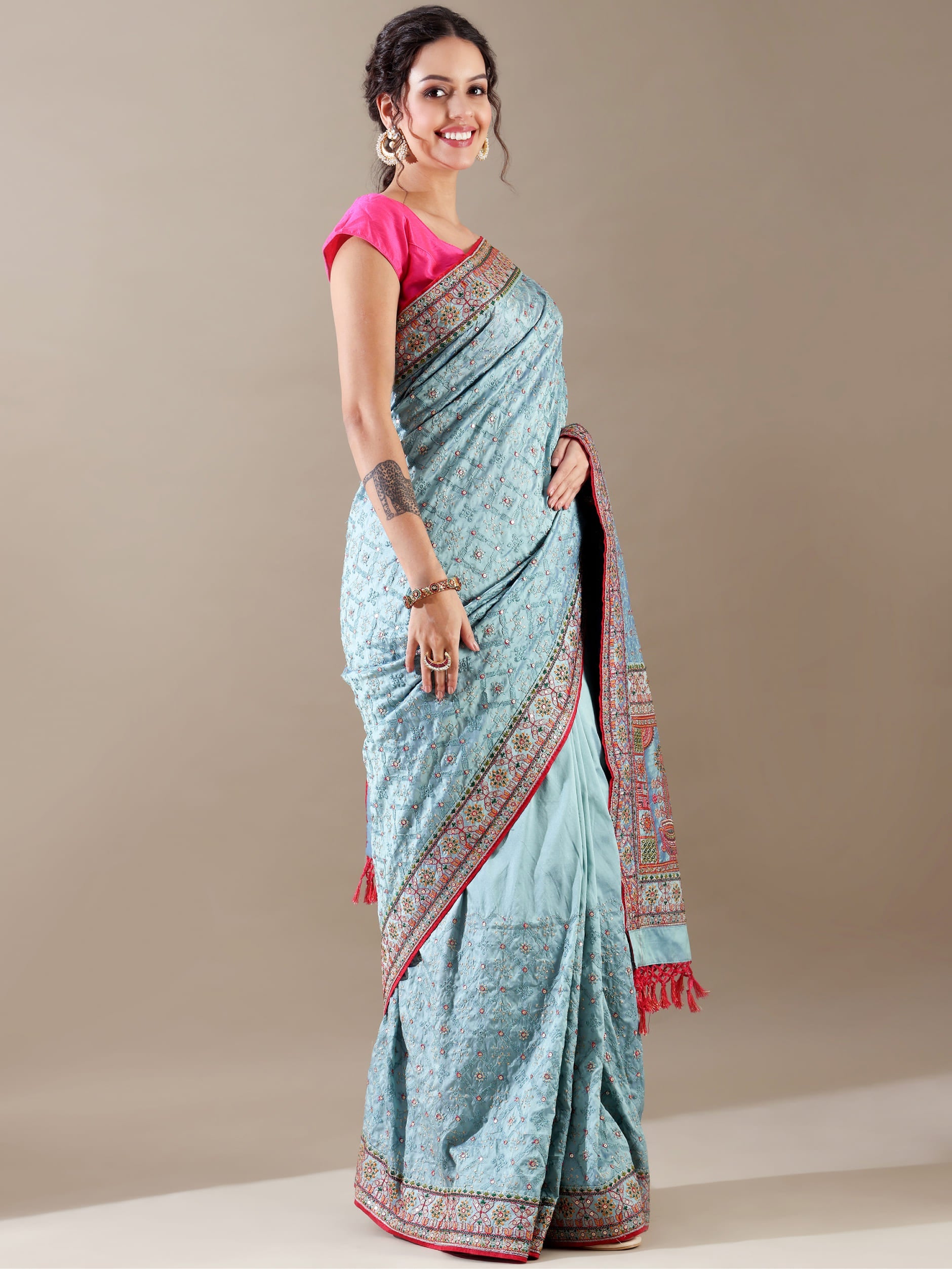 Ivory Red Resham & Sequence Silk Saree