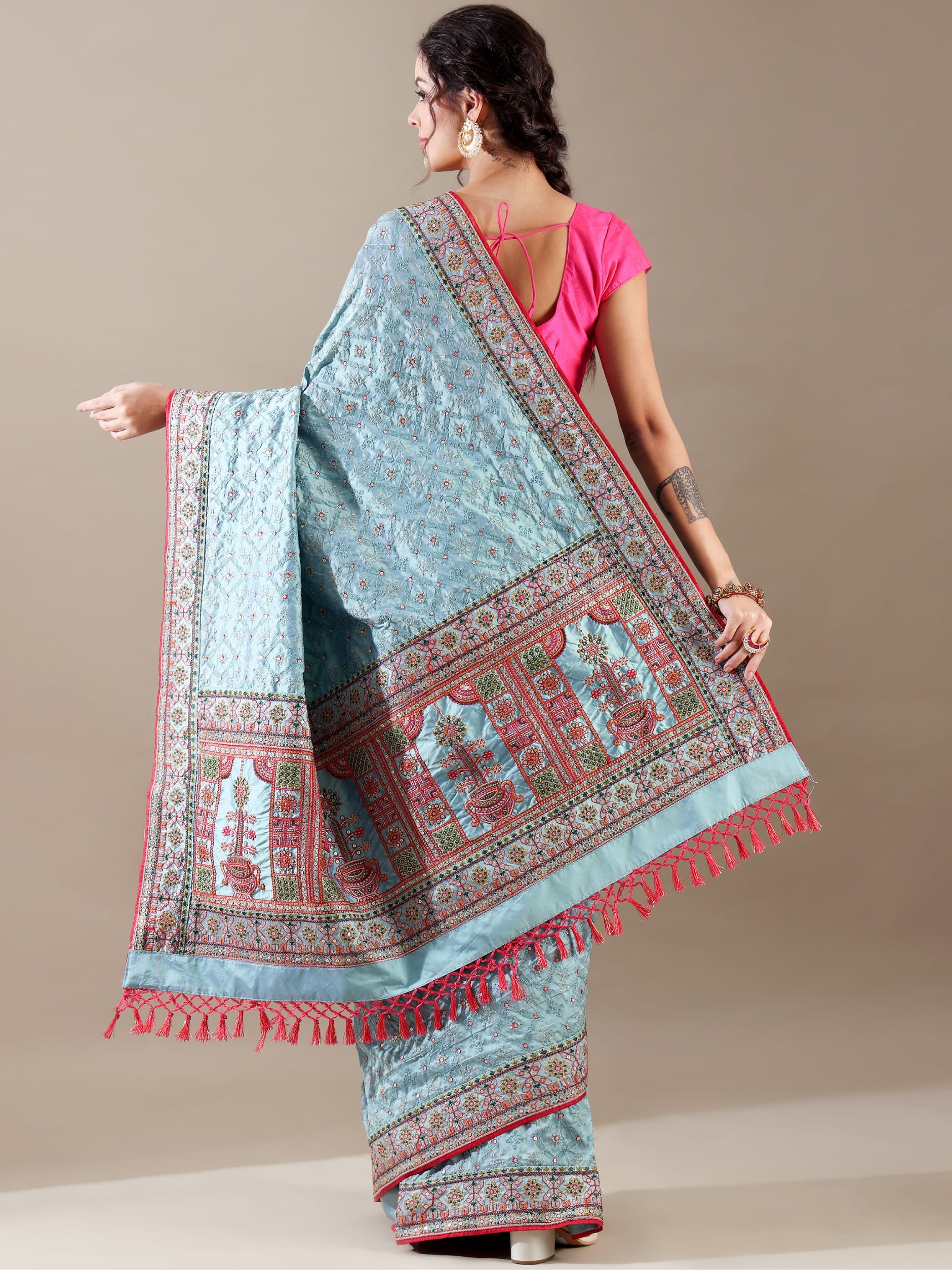 Ivory Red Resham & Sequence Silk Saree