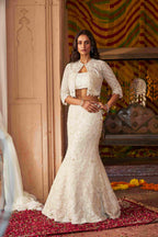 Ivory Organza Lehenga, Pearls Sequins Cutdana, Elegant Bridal Wear - House of Surya