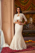 Ivory Organza Lehenga, Pearls Sequins Cutdana, Elegant Bridal Wear - House of Surya