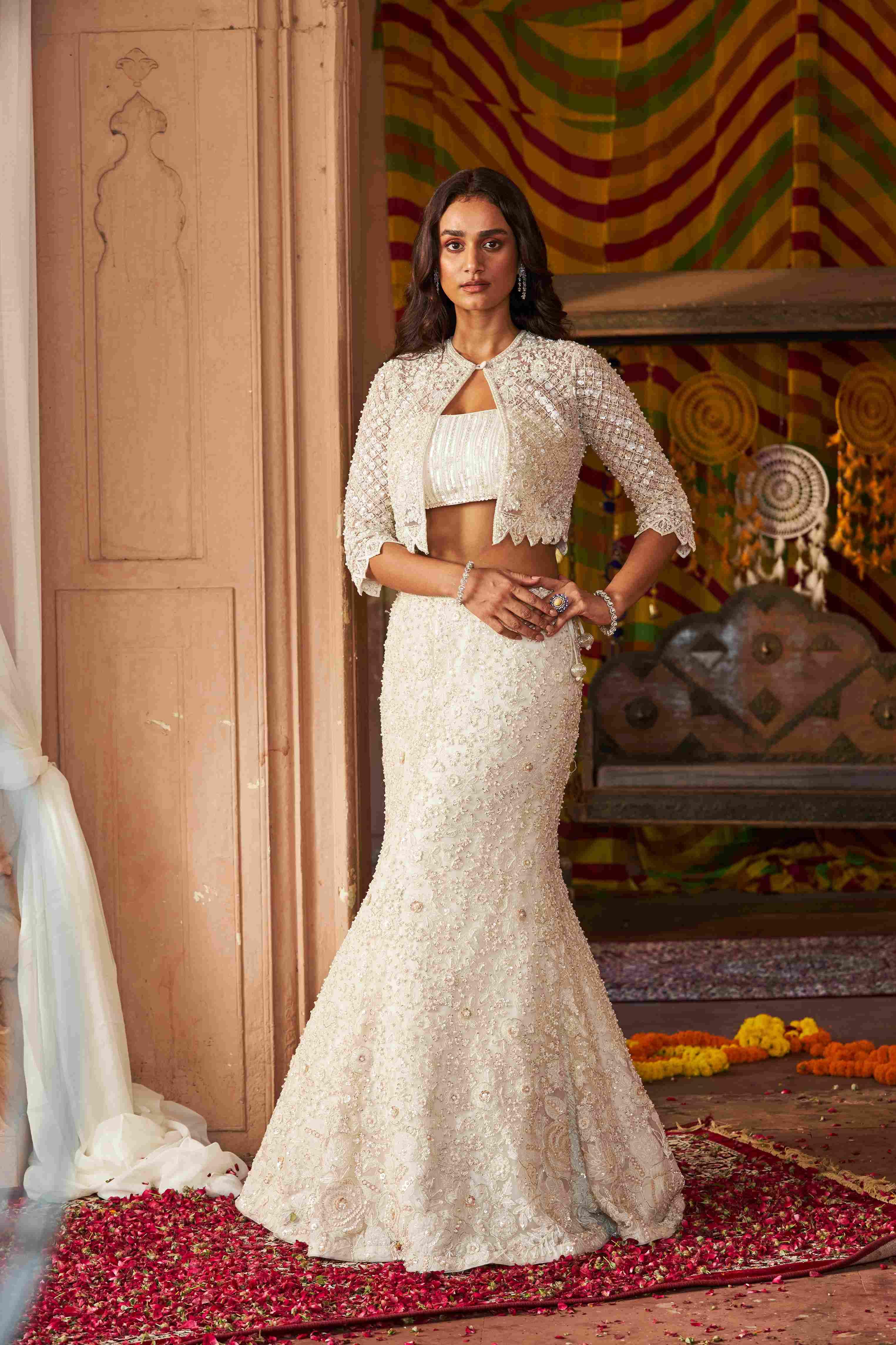 Ivory Organza Lehenga, Pearls Sequins Cutdana, Elegant Bridal Wear - House of Surya