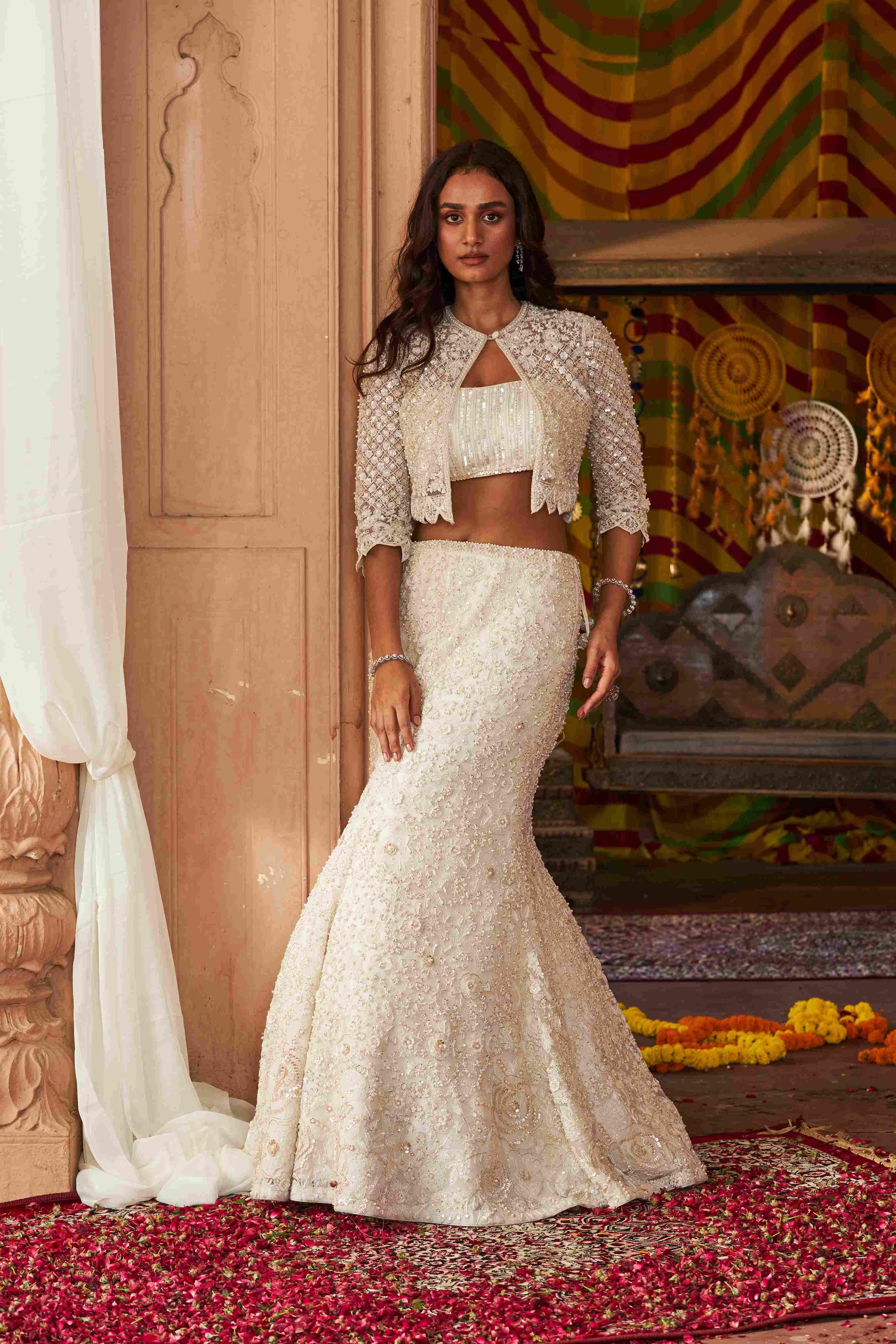 Ivory Organza Lehenga, Pearls Sequins Cutdana, Elegant Bridal Wear - House of Surya