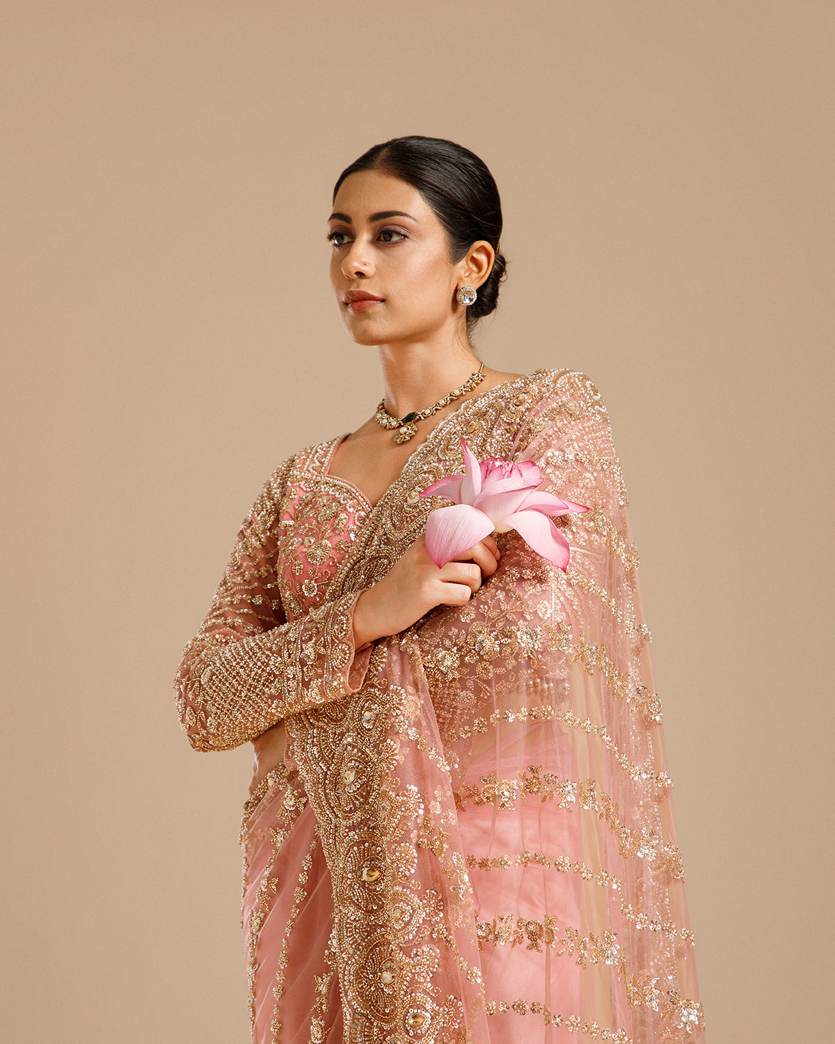 Pink Net Saree with Beads, Nulki, Sequin & Kundan Work