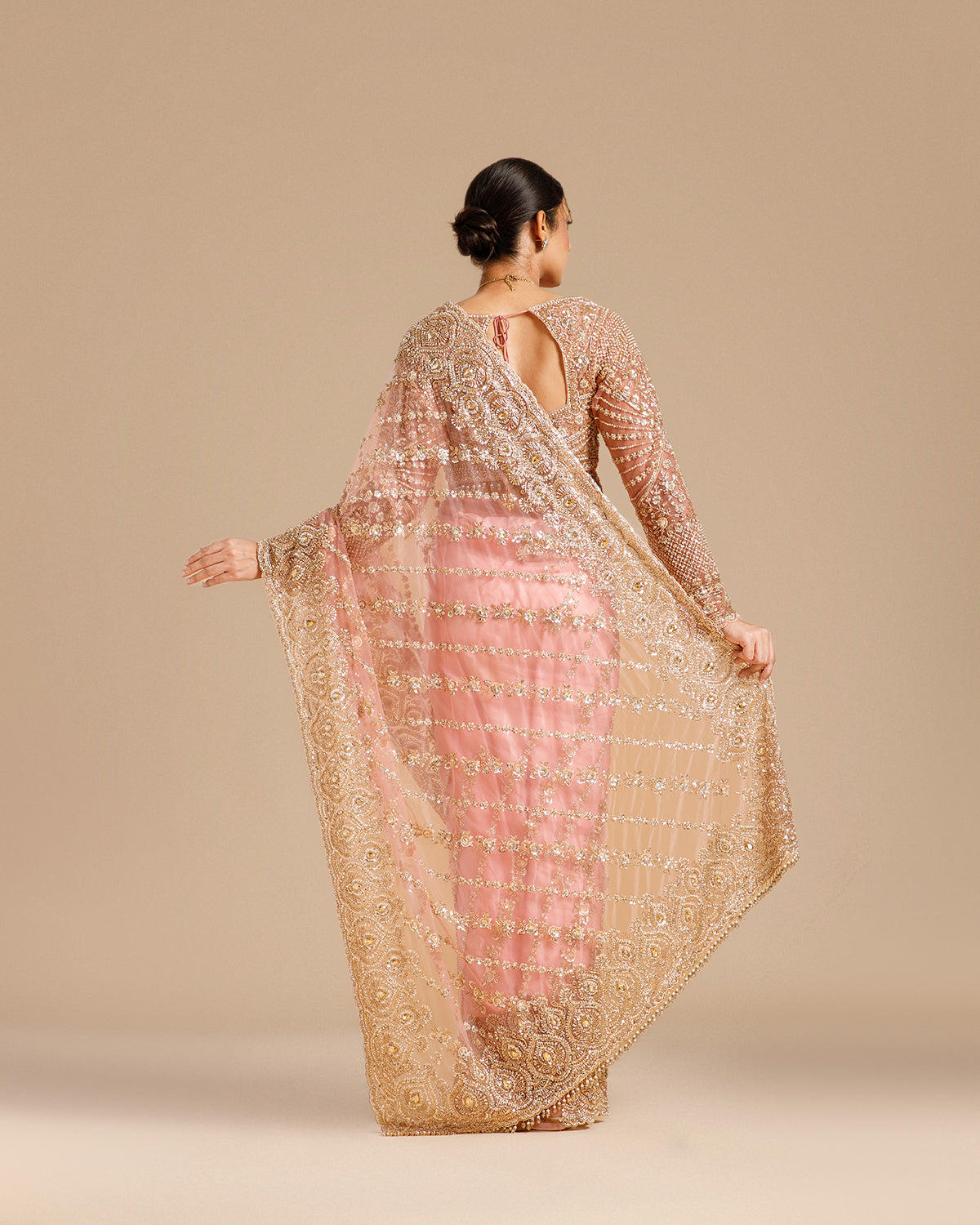 Pink Net Saree with Beads, Nulki, Sequin & Kundan Work