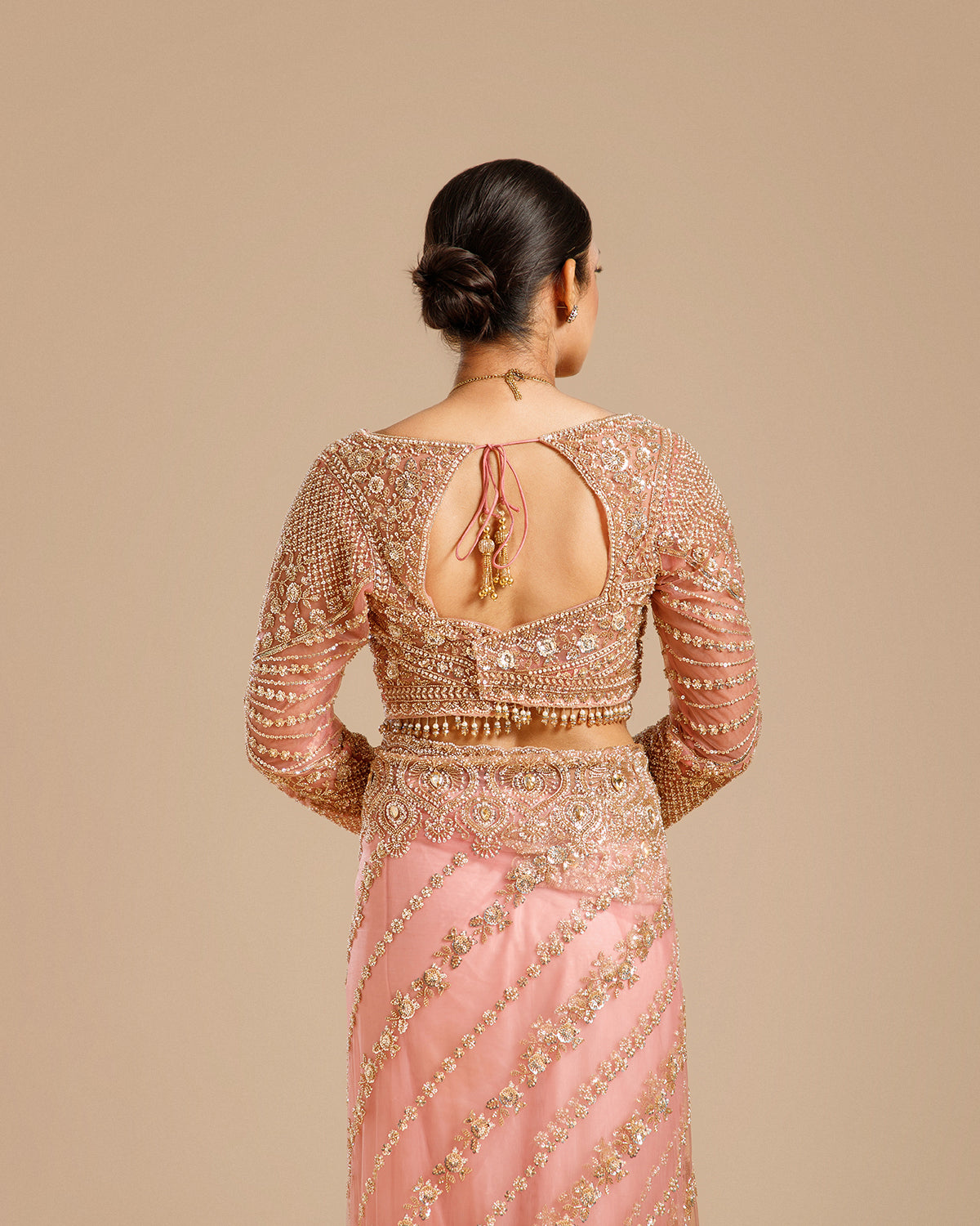 Pink Net Saree with Beads, Nulki, Sequin & Kundan Work