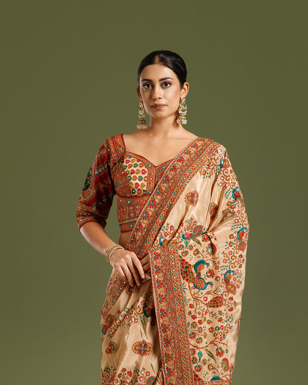 Chikoo Multi Crepe Silk Saree with Zari & Sequin Work