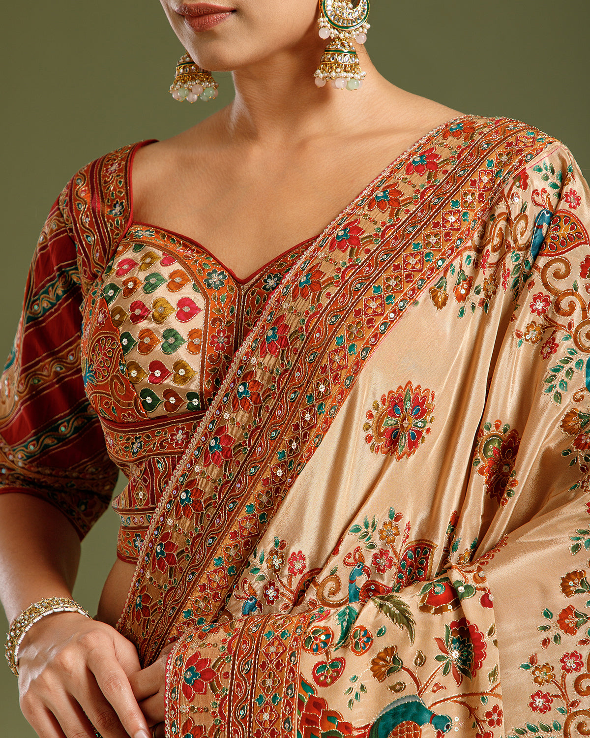 Chikoo Multi Crepe Silk Saree with Zari & Sequin Work