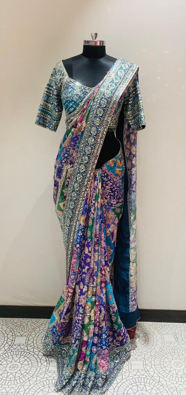 Georgette Saree with Mirror & Zari Work - House of Surya