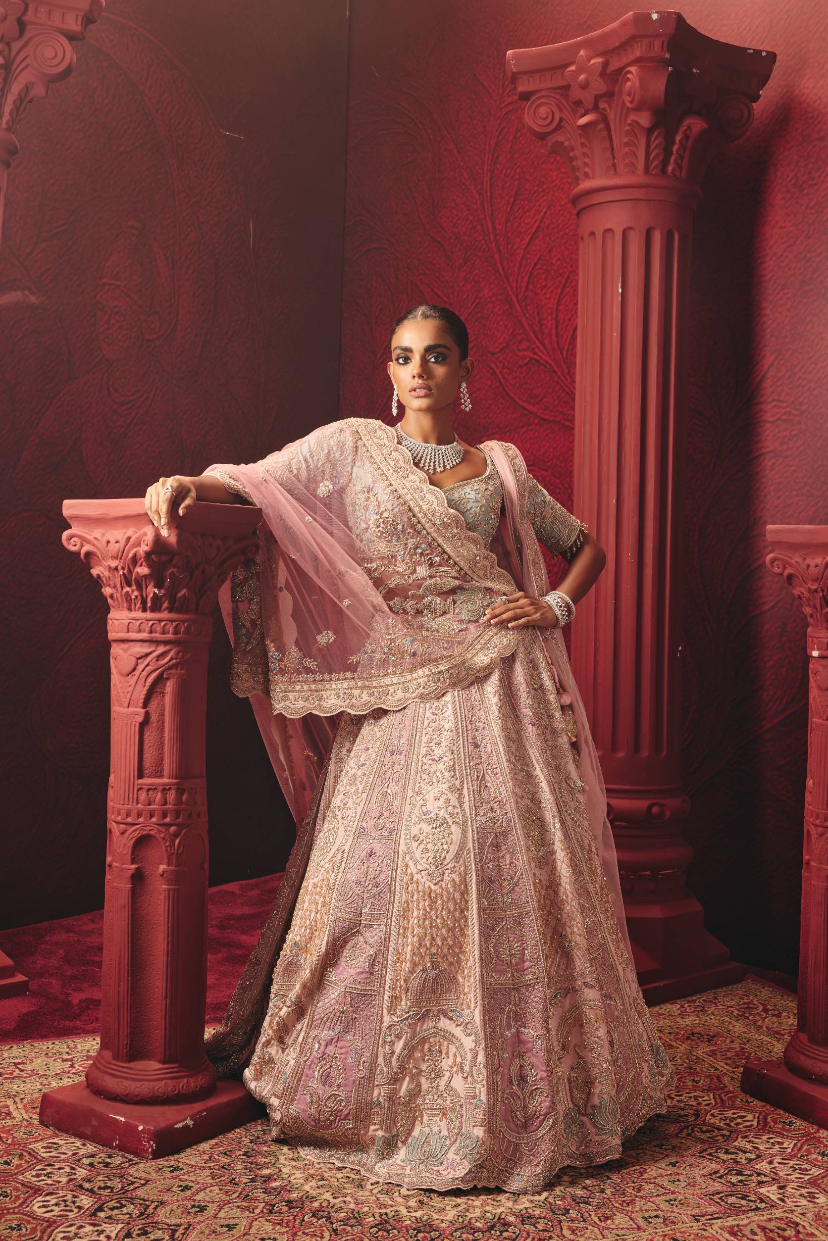 Zardozi Raw Silk Ensemble In Rani – ANTARA