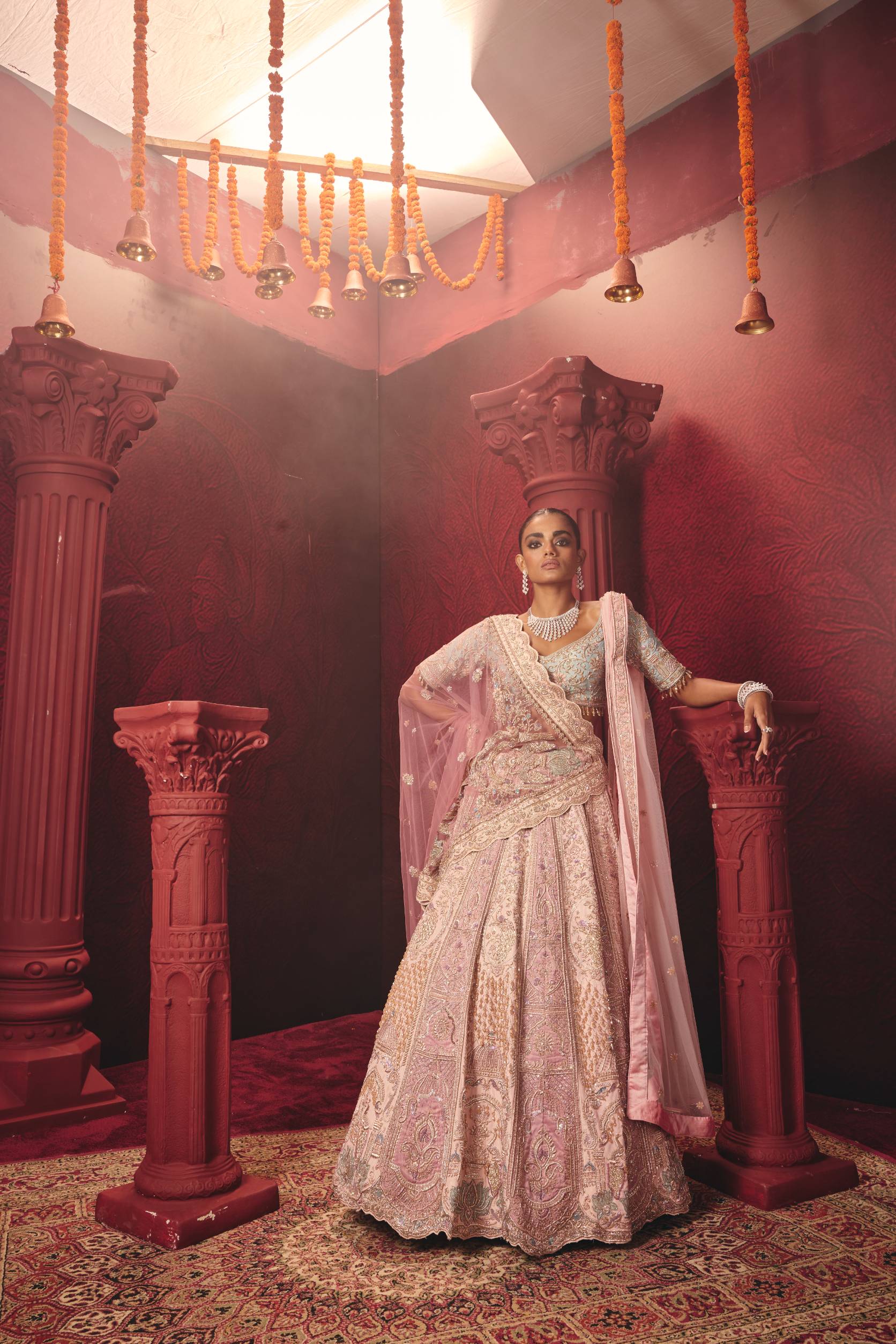 Zardozi Raw Silk Ensemble In Rani – ANTARA