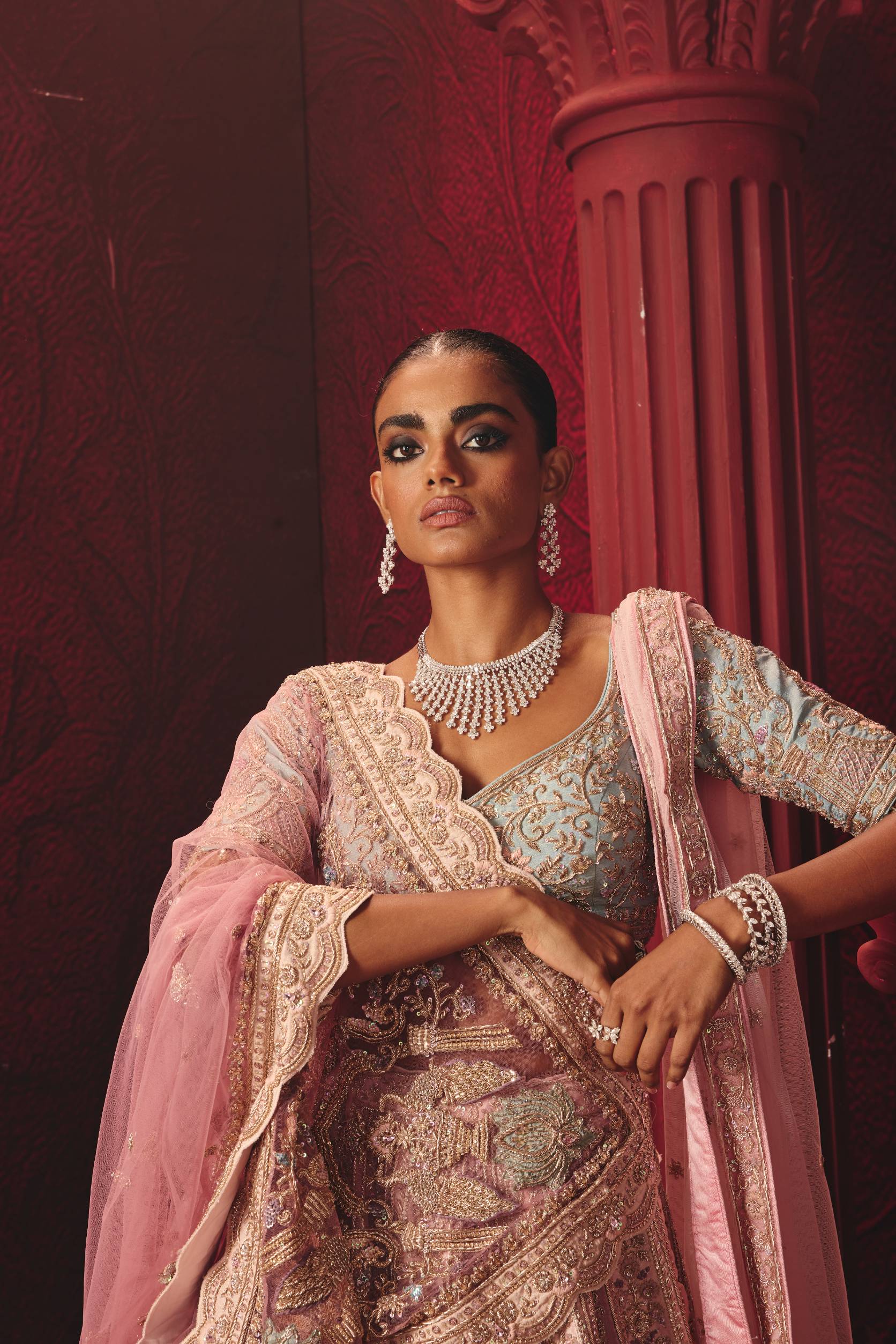 Zardozi Raw Silk Ensemble In Rani – ANTARA