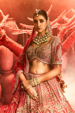 ANTARA Dusty Red Tissue Bridal Lehenga with Zardozi Embroidery - House of Surya