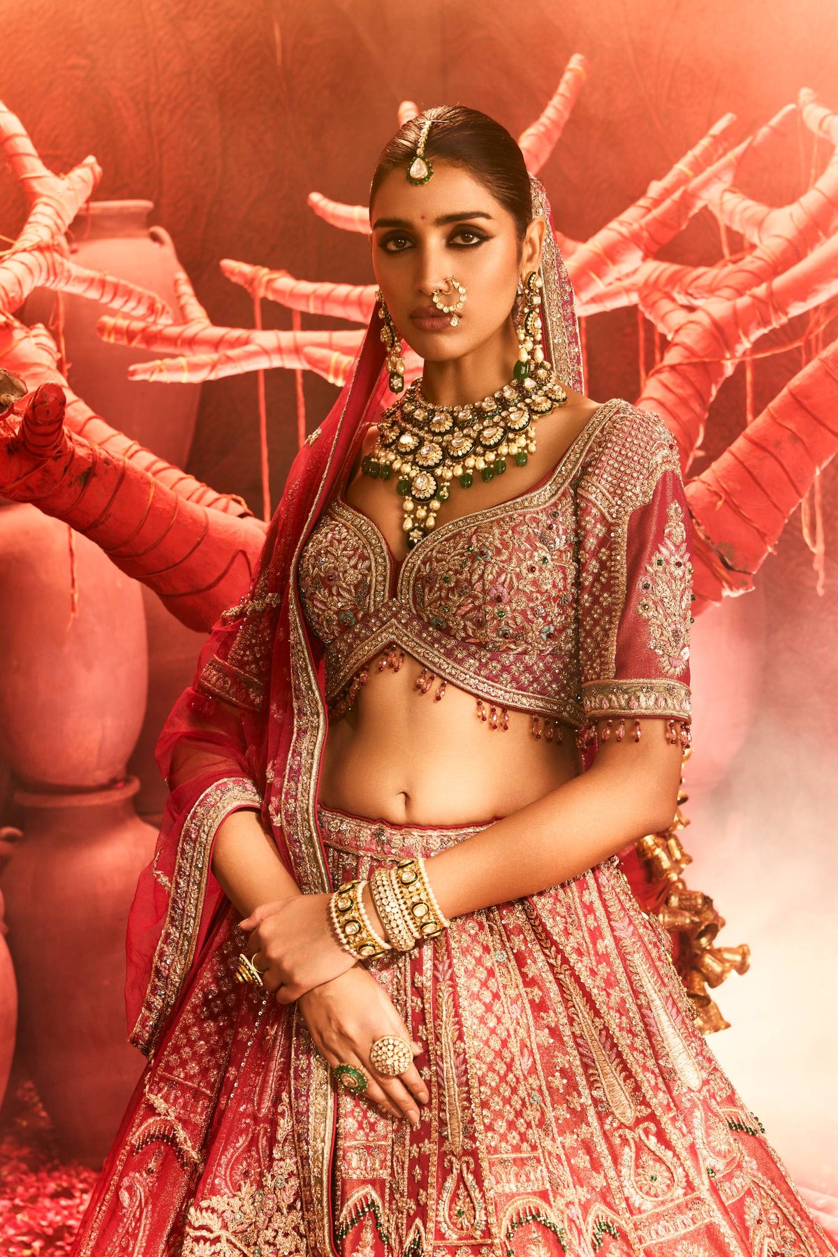 Zardozi Tissue Ensemble In Dusty Red – ANTARA