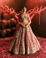 ANTARA Dusty Red Tissue Bridal Lehenga with Zardozi Embroidery - House of Surya