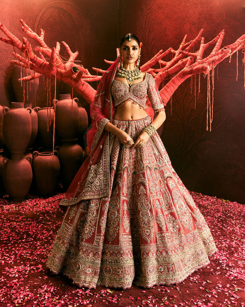ANTARA Dusty Red Tissue Bridal Lehenga with Zardozi Embroidery
