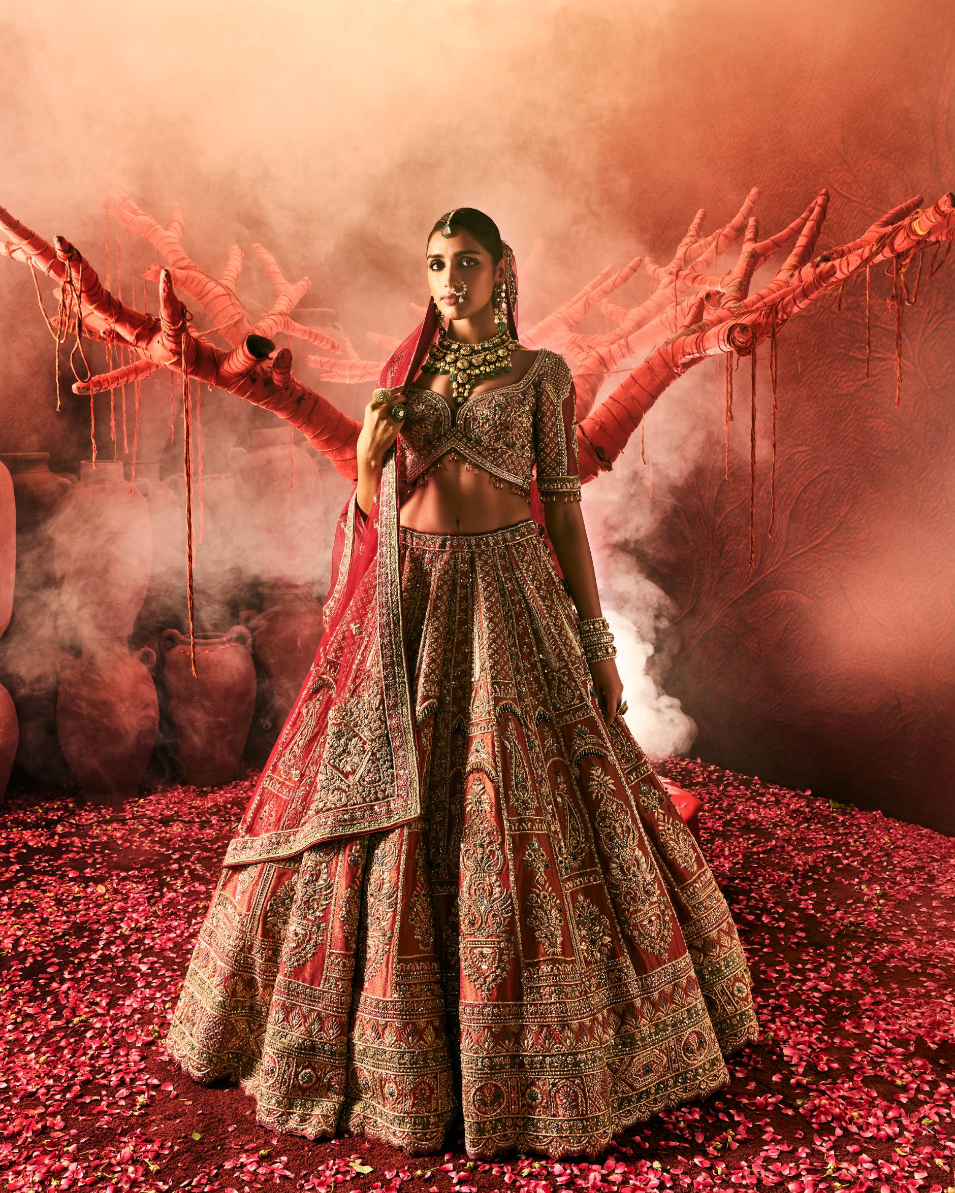 ANTARA Dusty Red Tissue Bridal Lehenga with Zardozi Embroidery