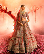 ANTARA Dusty Red Tissue Bridal Lehenga with Zardozi Embroidery - House of Surya