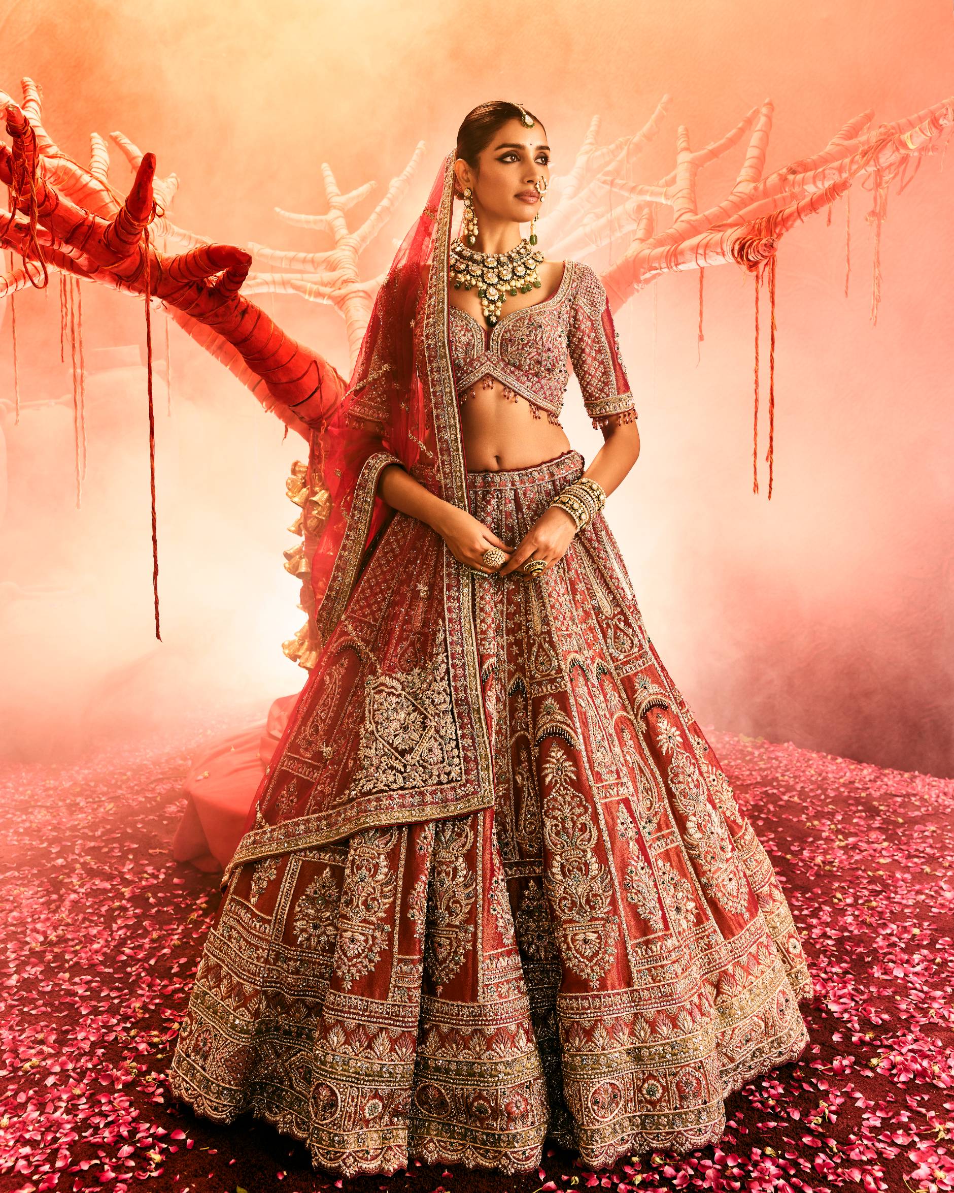 ANTARA Dusty Red Tissue Bridal Lehenga with Zardozi Embroidery