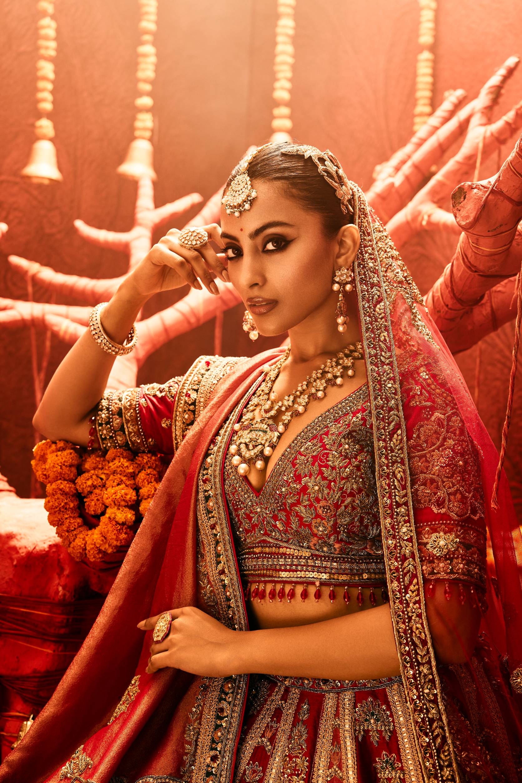 Zardozi Raw Silk Ensemble In Multi Red – ANTARA