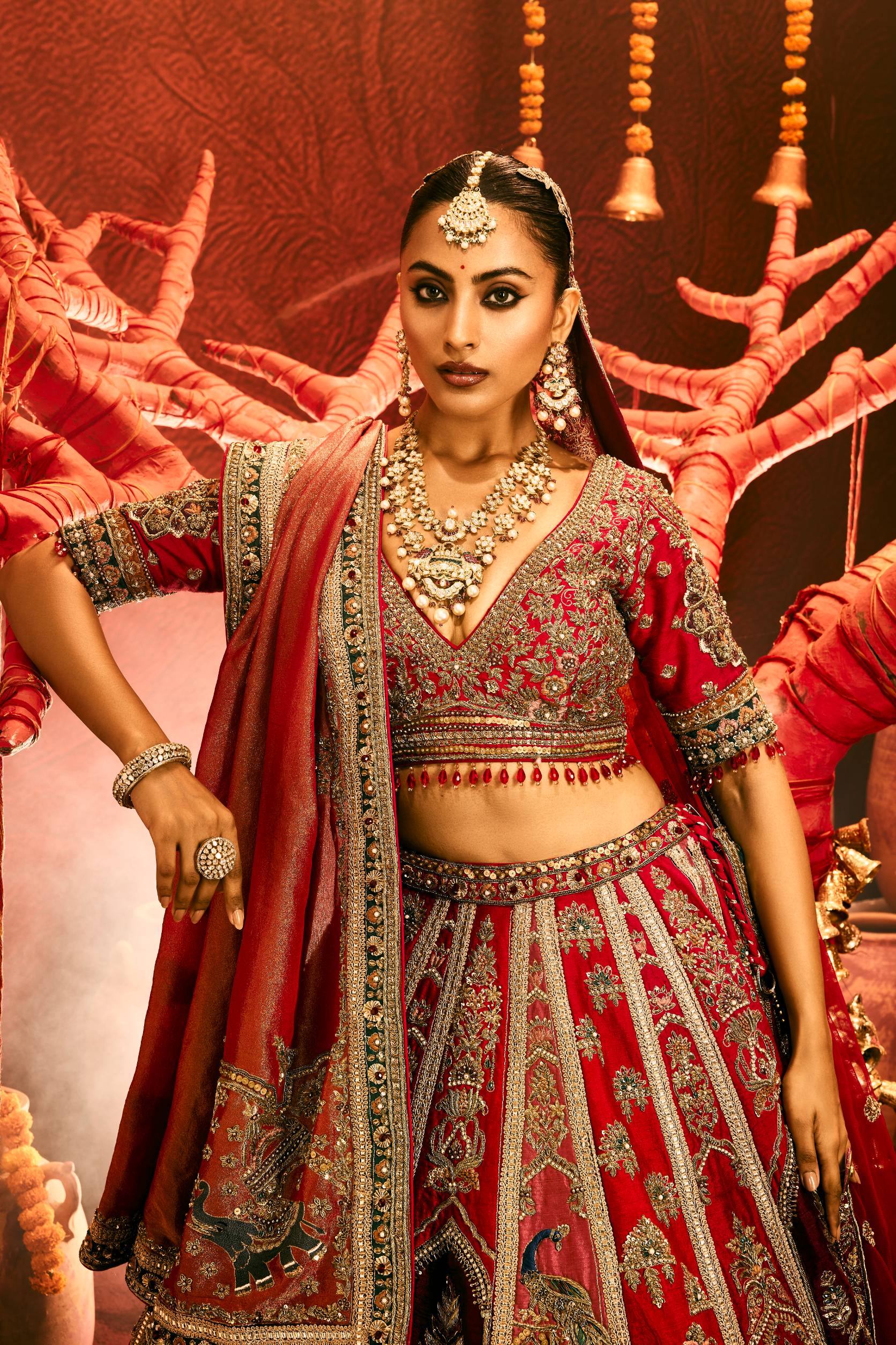 Zardozi Raw Silk Ensemble In Multi Red – ANTARA