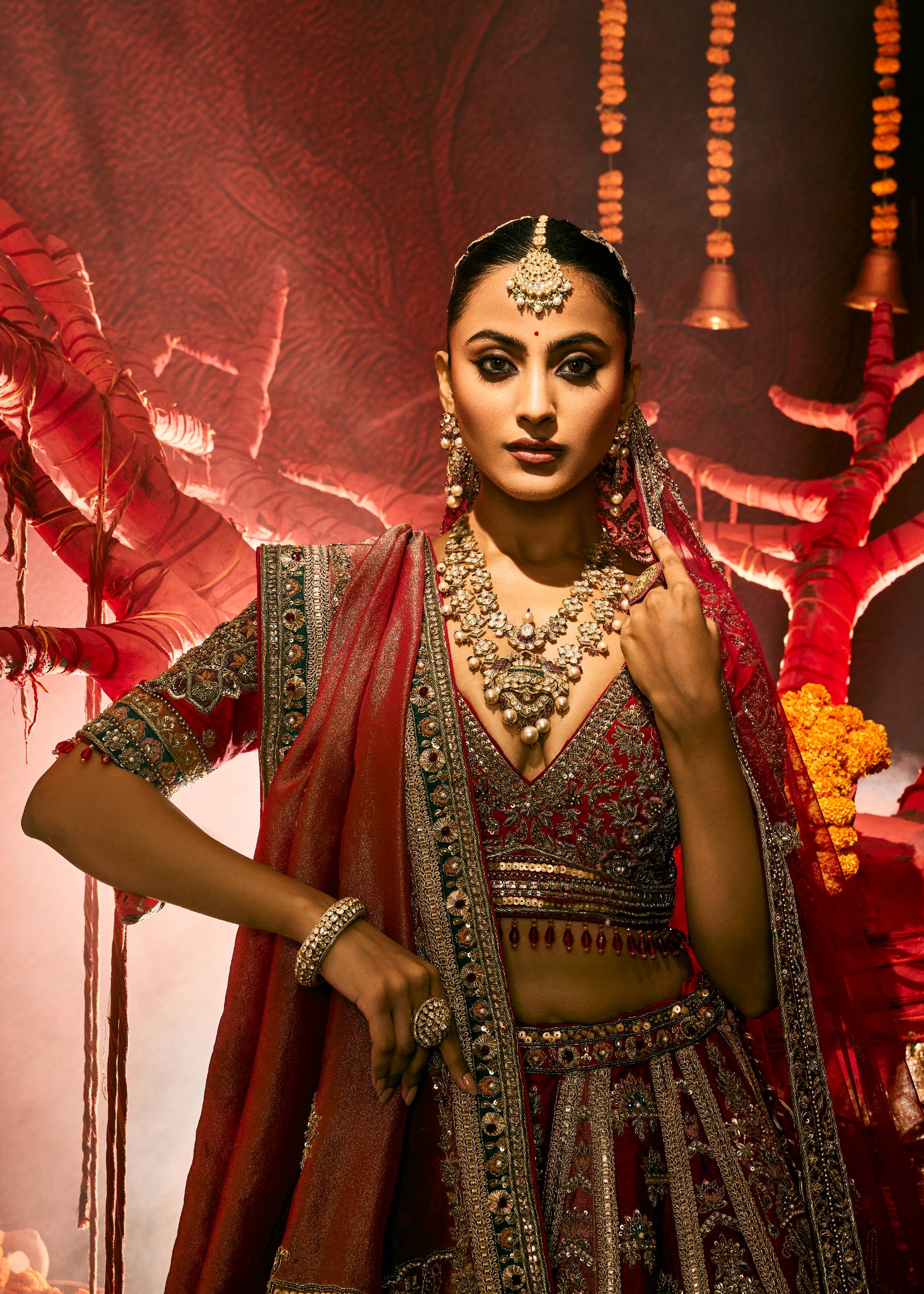 Zardozi Raw Silk Ensemble In Multi Red – ANTARA