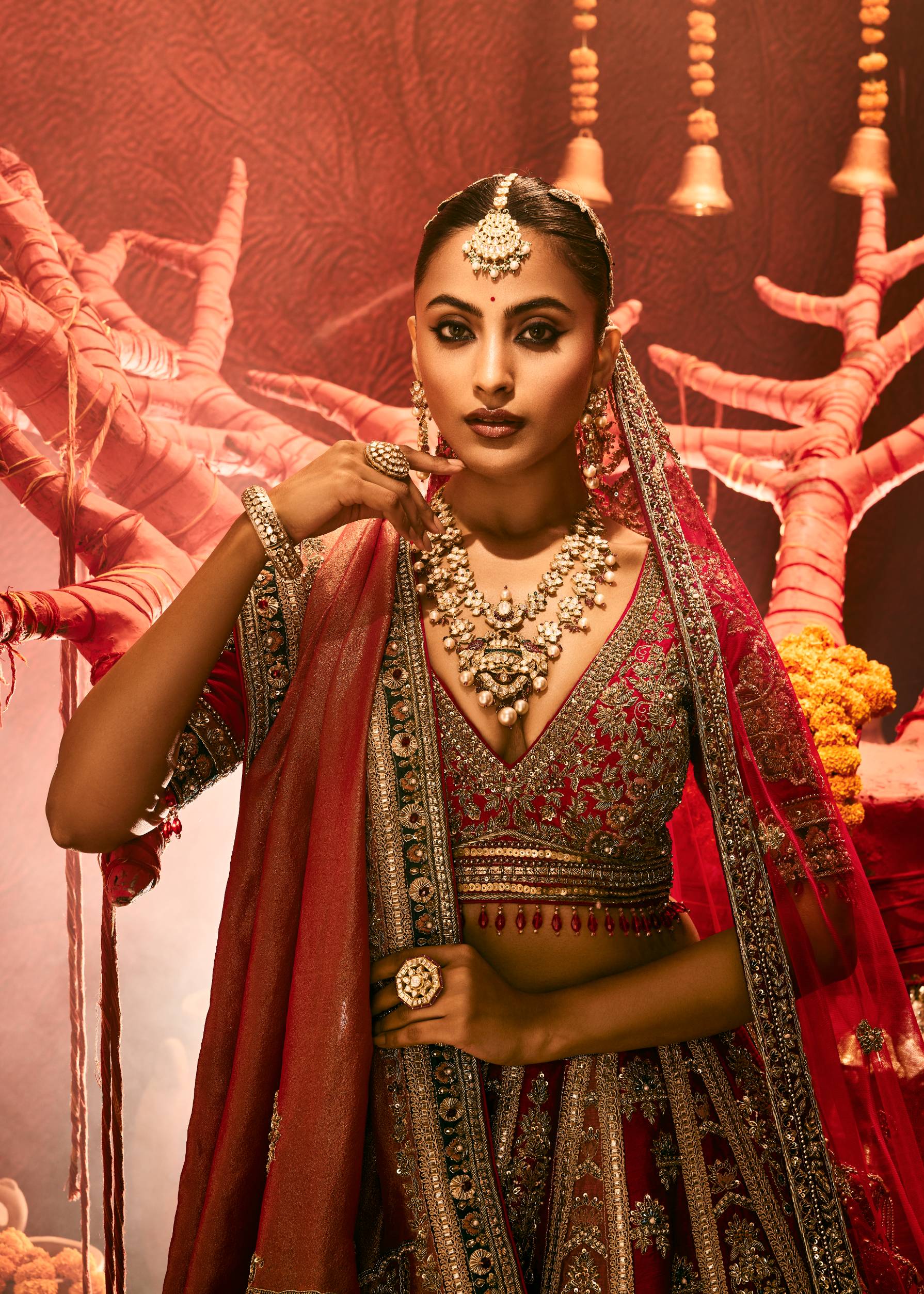 Zardozi Raw Silk Ensemble In Multi Red – ANTARA